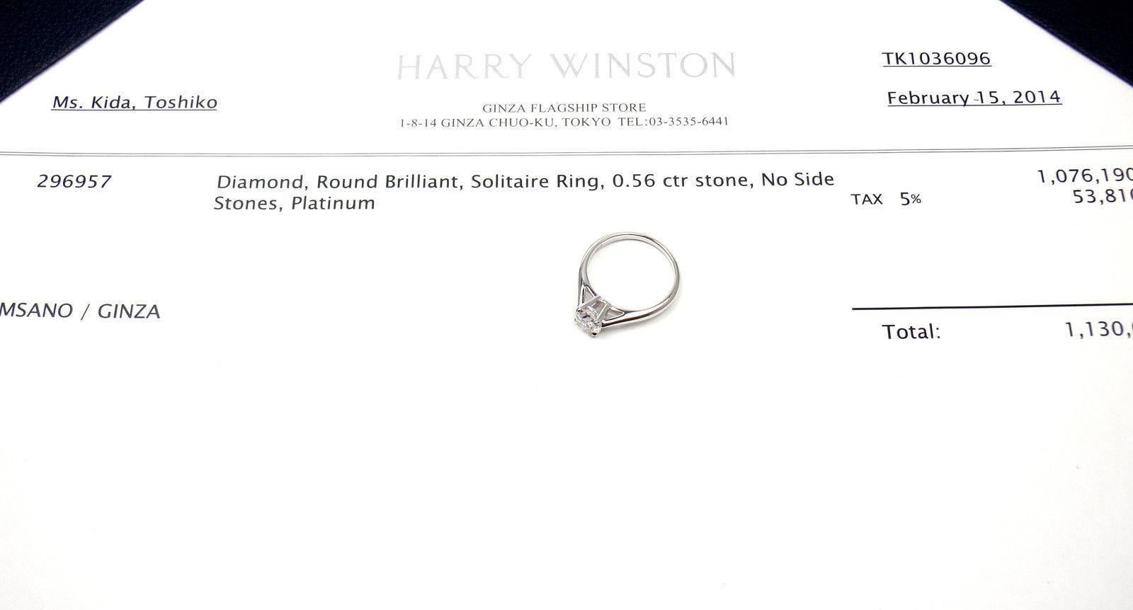Women's or Men's Harry Winston .56 Carat VVS1/F Diamond Solitaire Platinum Engagement Ring For Sale