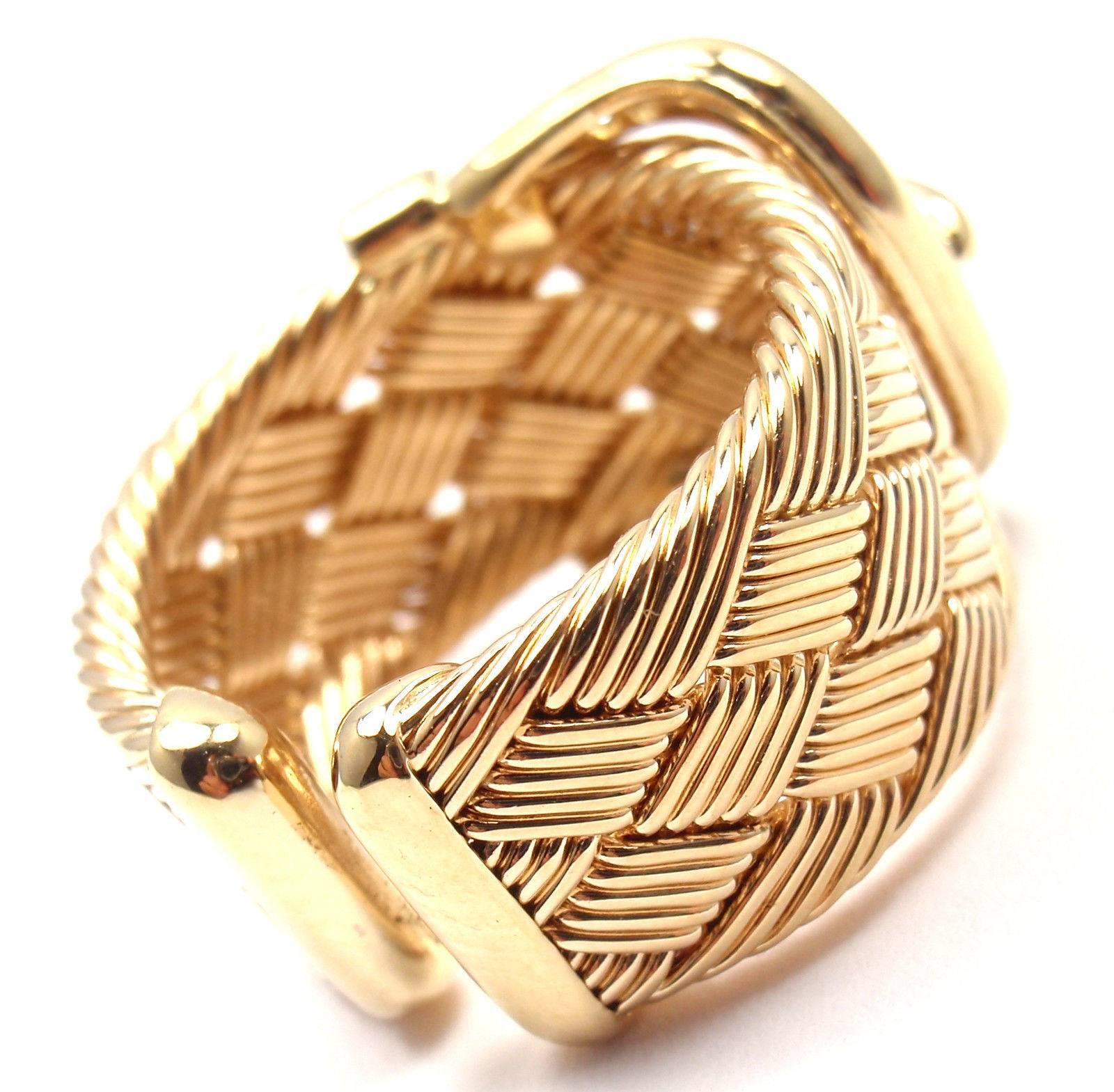 Hermes Diamond Large Woven Buckle Yellow Gold Band Ring In New Condition In Holland, PA