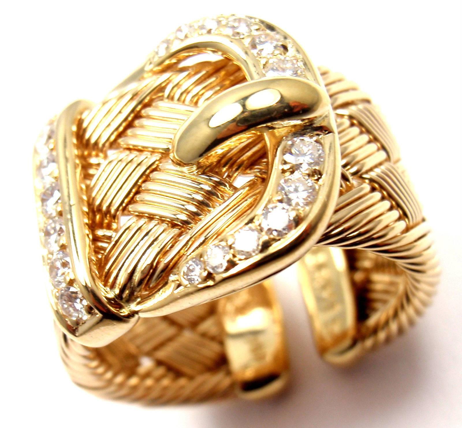 Hermes Diamond Large Woven Buckle Yellow Gold Band Ring 3