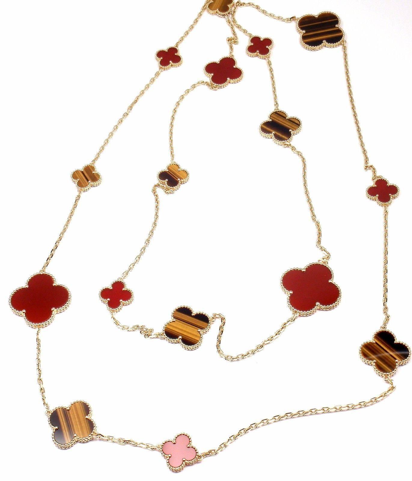 18k Yellow Gold Magic Alhambra sixteen motif necklace with carnelian and tiger's eye, by Van Cleef Arpels. 50