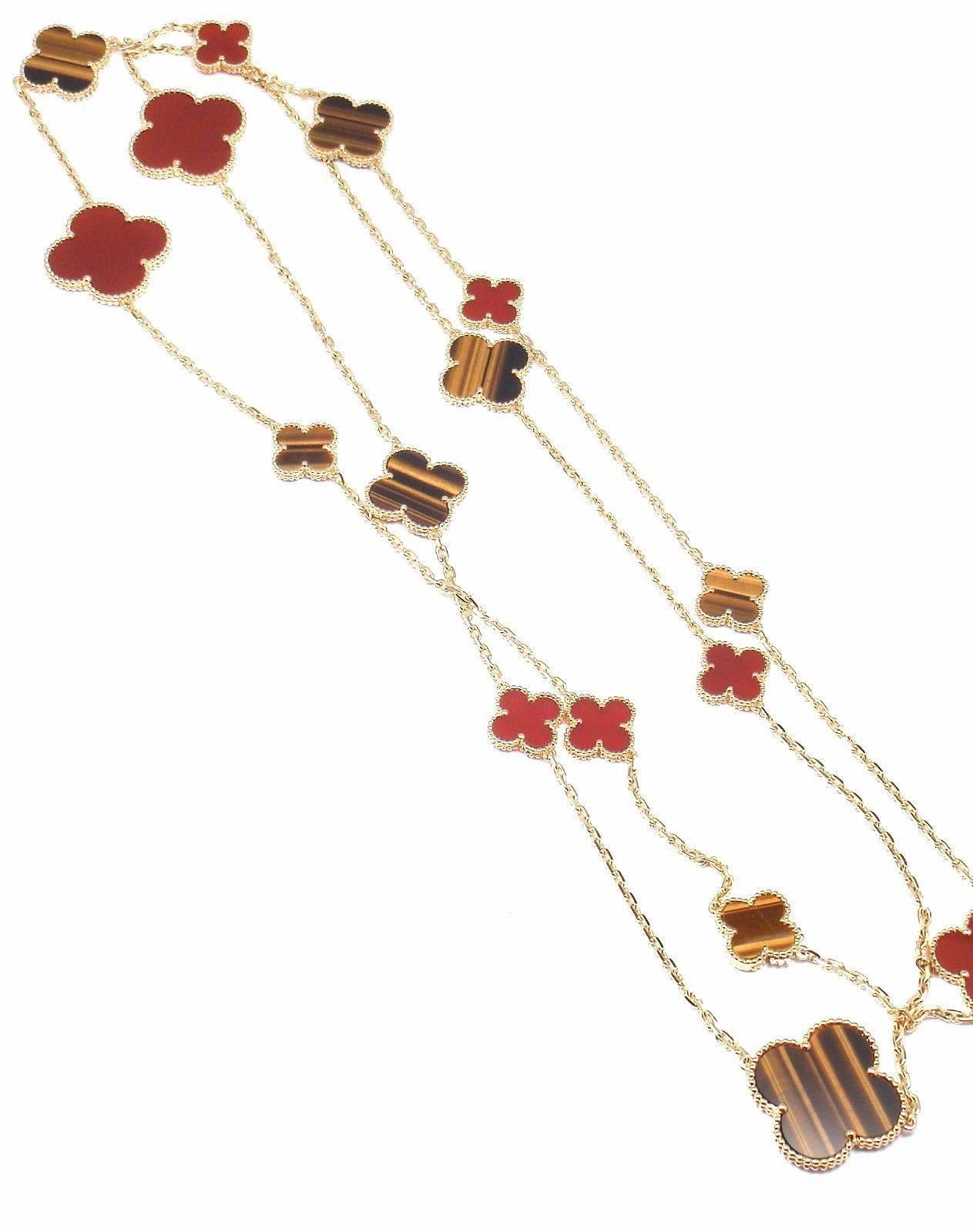 Van Cleef & Arpels Magic Alhambra Carnelian Tiger Eye 16 Motif Long Necklace In New Condition In Holland, PA