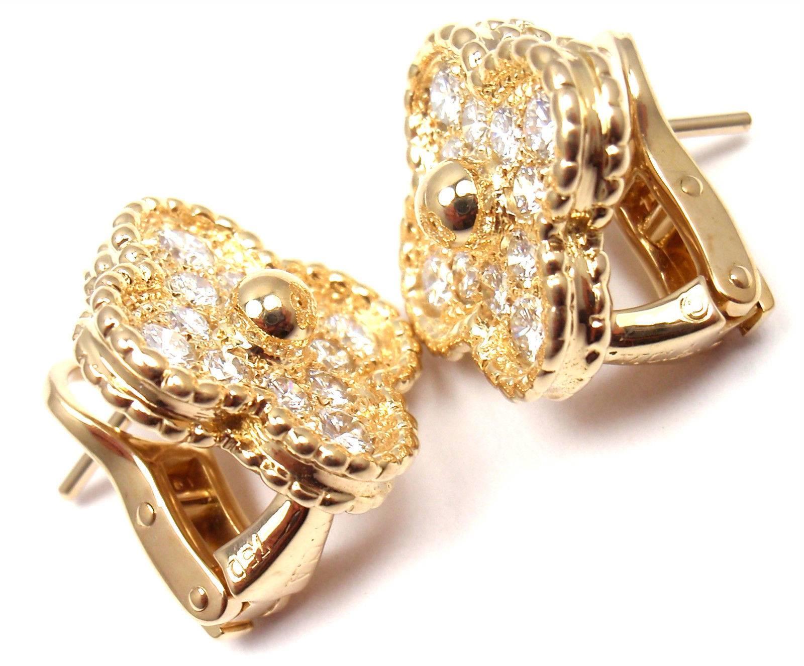 Van Cleef & Arpels Diamond Vintage Alhambra Yellow Gold Earrings In New Condition In Holland, PA