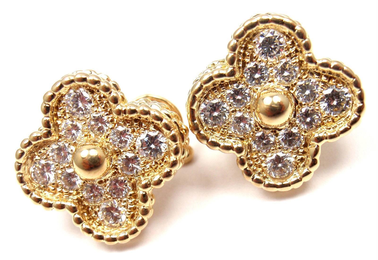 Women's or Men's Van Cleef & Arpels Diamond Vintage Alhambra Yellow Gold Earrings