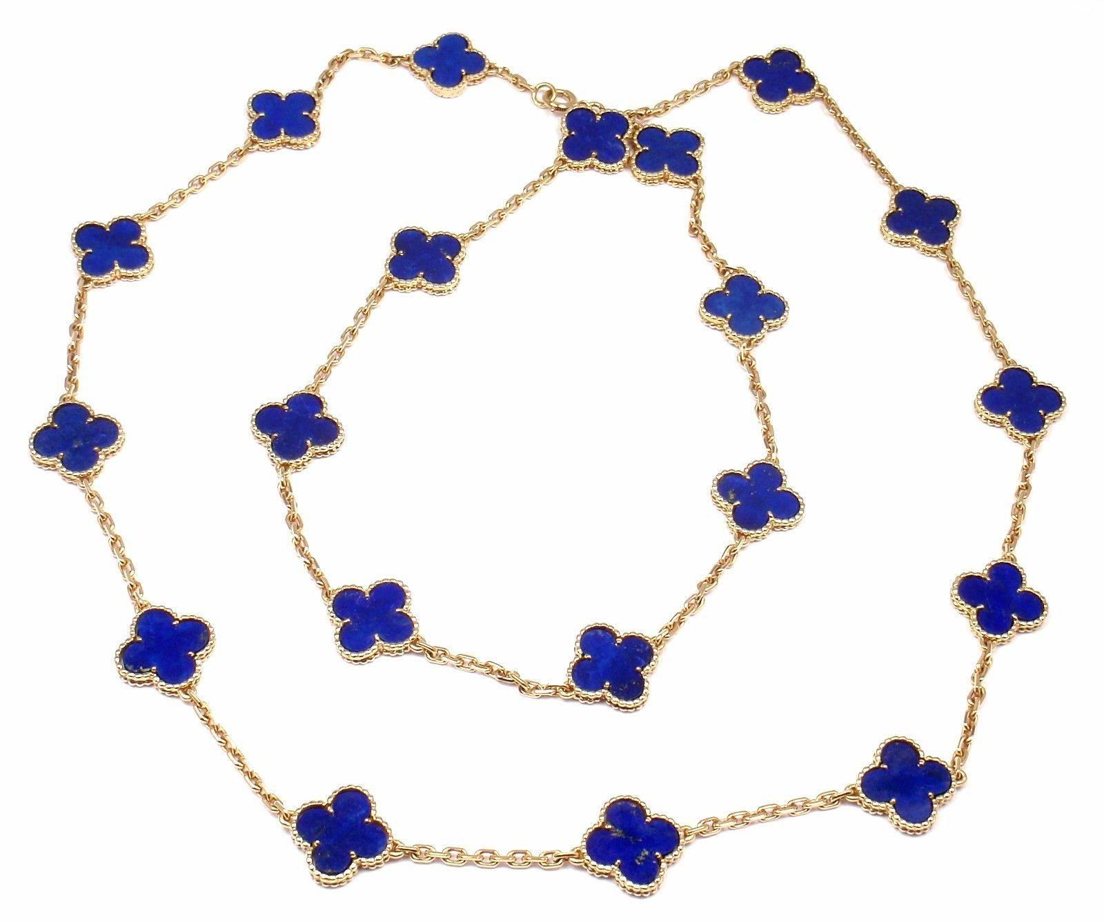 18k Yellow Gold Vintage Alhambra Lapis Lazuli Necklace by 
Van Cleef & Arpels.
With 20 motifs of lapis lazuli alhambra stones 15mm each
*** This is an extremely rare, highly collectible lapis lazuli alhambra necklace by Van Cleef & Arpels comes with