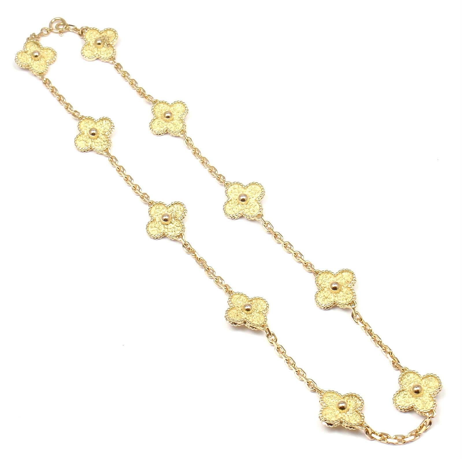 18k Yellow Gold Vintage Alhambra 10 Motif Necklace by Van Cleef & Arpels.
With 10 motifs of gold alhambra 15mm each
This necklace comes with service paper from Van Cleef & Arpels store.

Details:
Length: 15.5