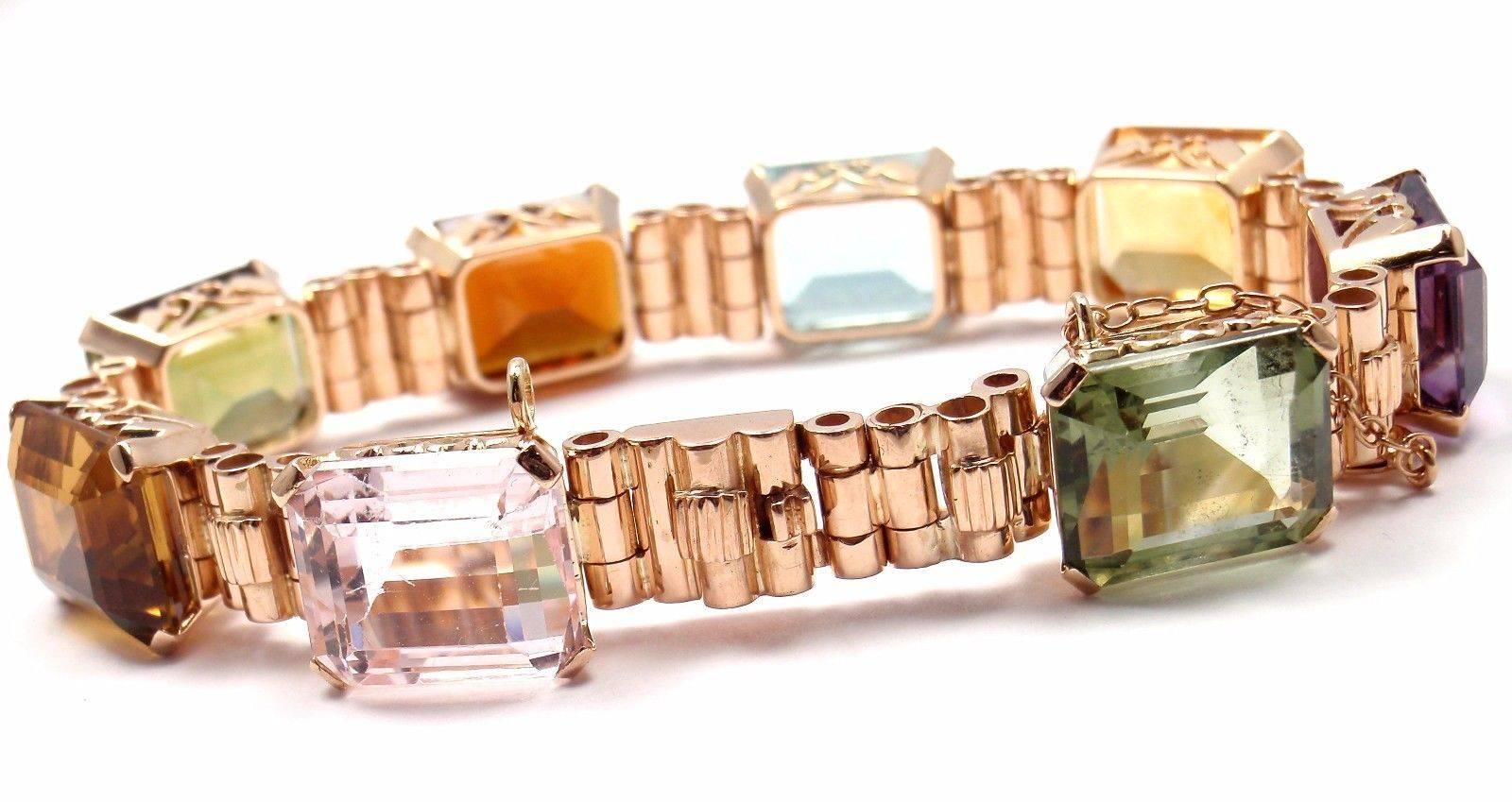 Estate Multi-Color Large Stone Topaz Amethyst Aquamarine Rose Gold Bracelet In New Condition In Holland, PA