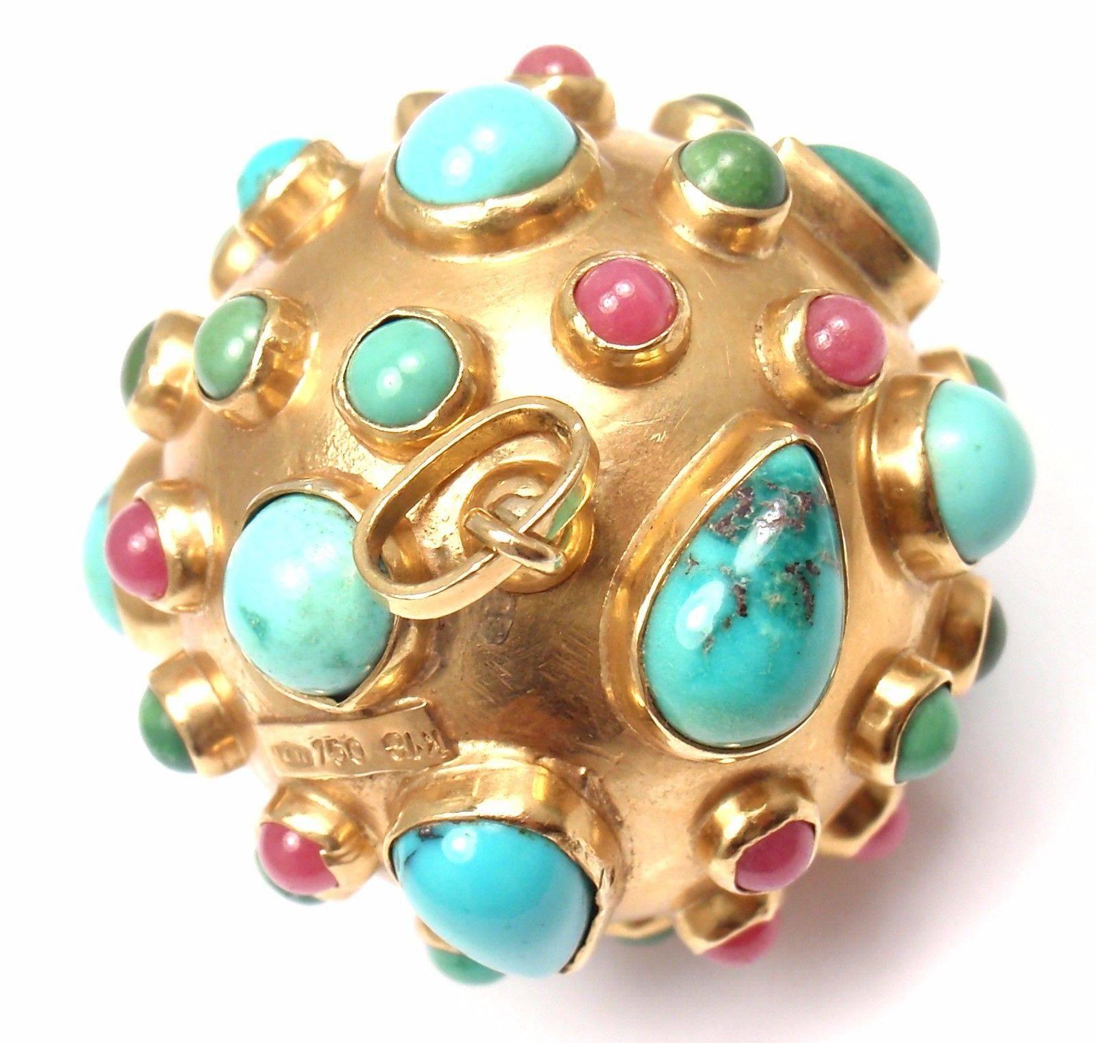 18k Yellow Gold Ruby And Turquoise Large Sputnik Pendant from  Estate of Jackie Collins.
With Different shapes of Turquoise, Ruby stones.

Details: 
Weight: 23 grams
Measurements: 1.5