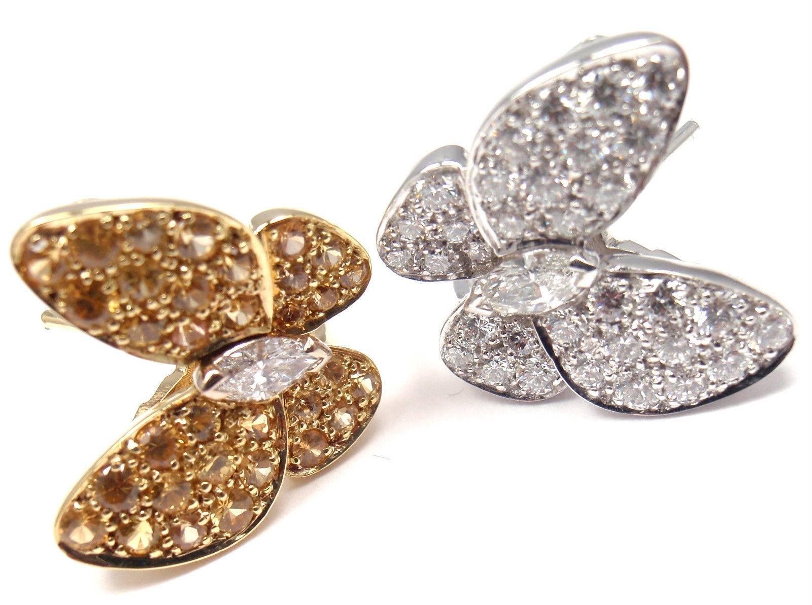 Van Cleef & Arpels Two Butterfly Diamond Yellow Sapphire Gold Earrings In New Condition In Holland, PA