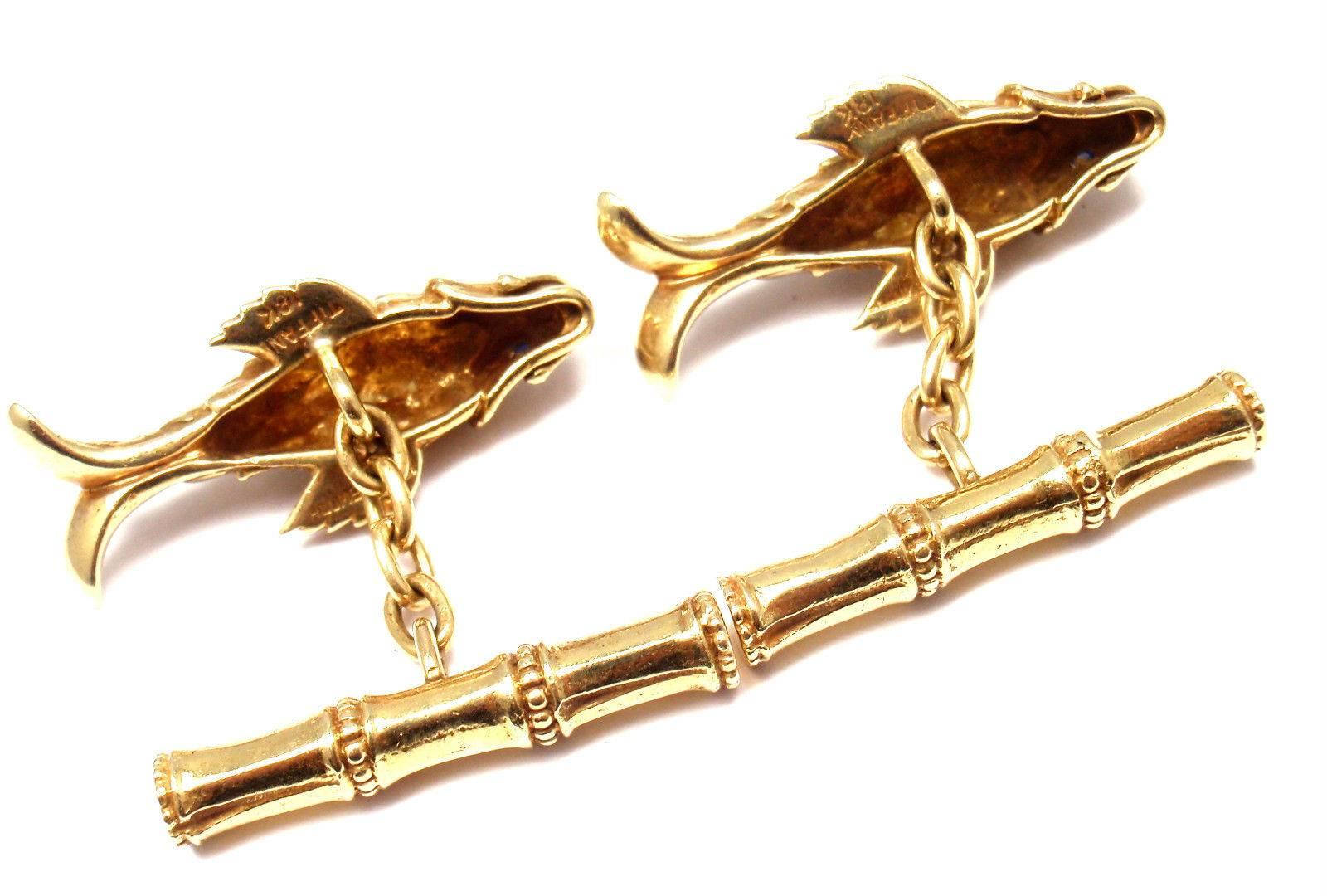 Tiffany & Co. Jean Schlumberger Fish Sapphire Yellow Gold Cufflinks In New Condition In Holland, PA
