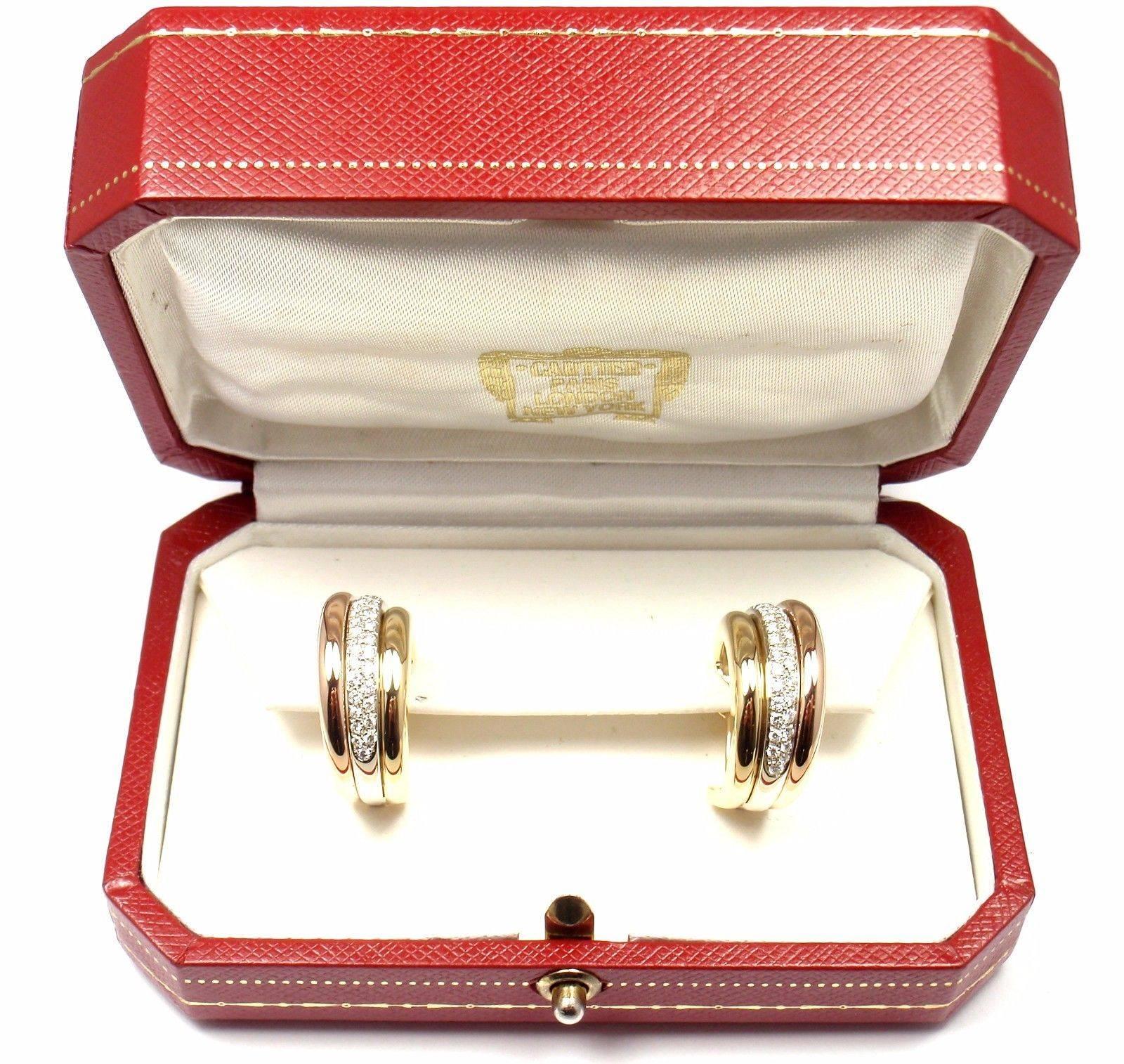 Cartier Trinity Diamond Hoop Tri-Color Gold Earrings In New Condition In Holland, PA