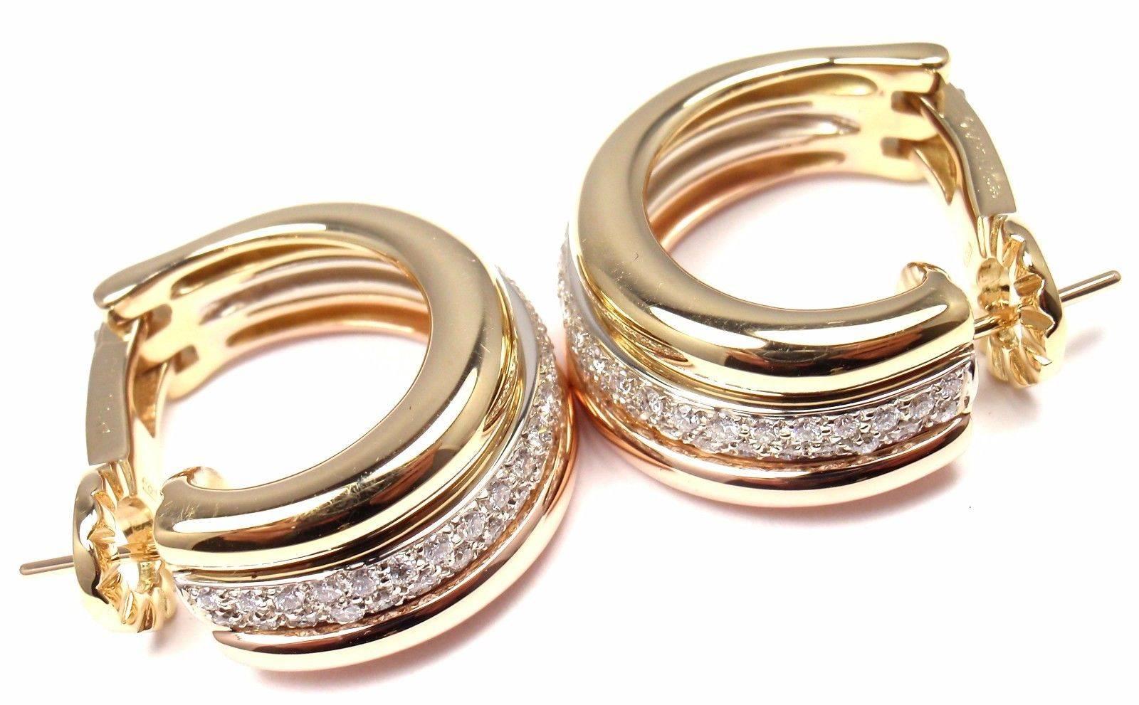 Women's or Men's Cartier Trinity Diamond Hoop Tri-Color Gold Earrings