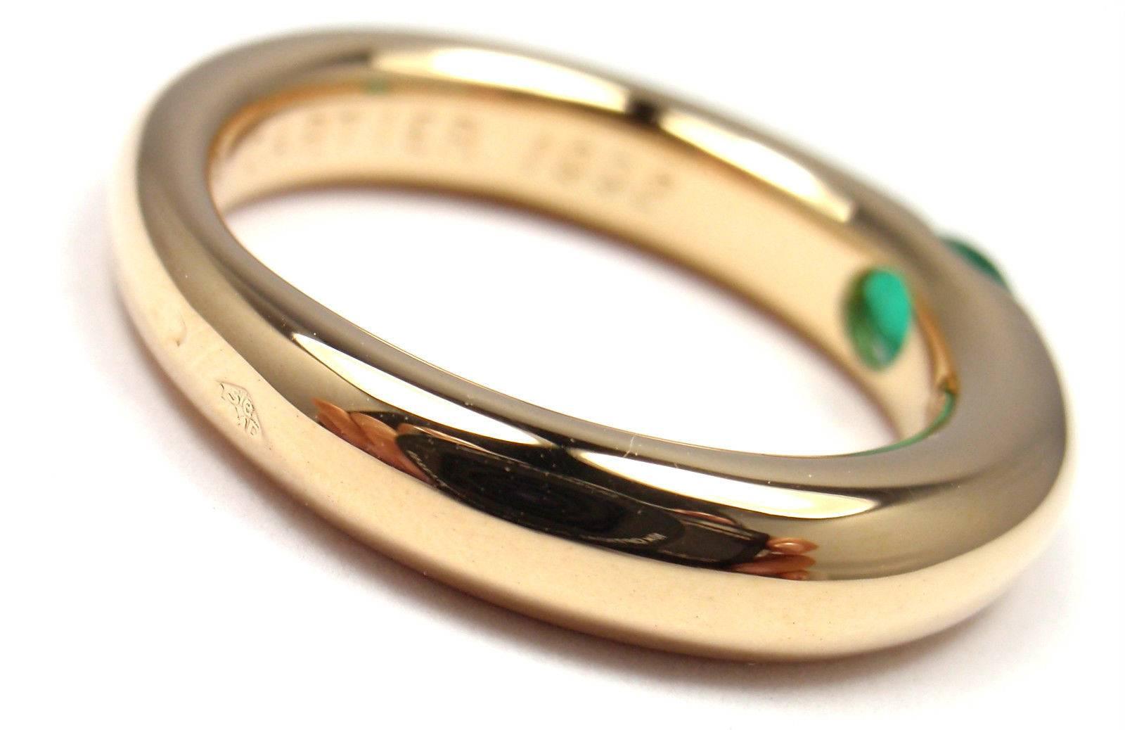 18k Yellow Gold Ellipse Emerald Band Ring by Cartier.
With 1 oval-shaped beautiful emerald 5mm x 4mm.
This ring comes with Cartier certificate.

Details:
Width: 4mm
Weight: 9 grams
Ring Size: 6 1/4 US, European 53
Stamped Hallmarks: Cartier 750 53