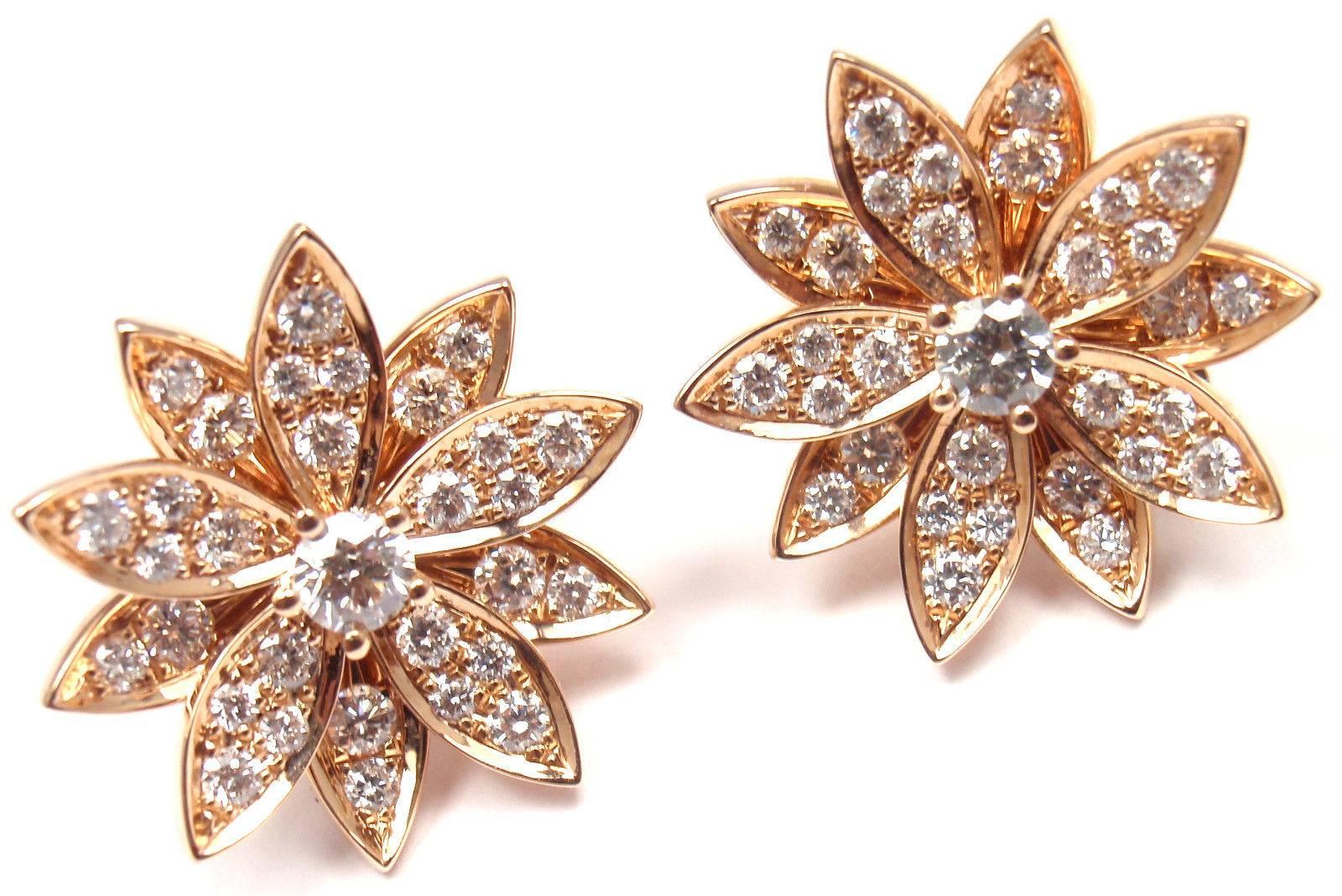 18k Rose Gold Lotus Diamond Flower Earrings by Van Cleef & Arpels. 
With 62 round brilliant cut diamonds VVS1 clarity, E color total weight approx. .92ct
***These earrings are for pierced ears.***

Details: 
Weight: 7.9 grams
Measurements: