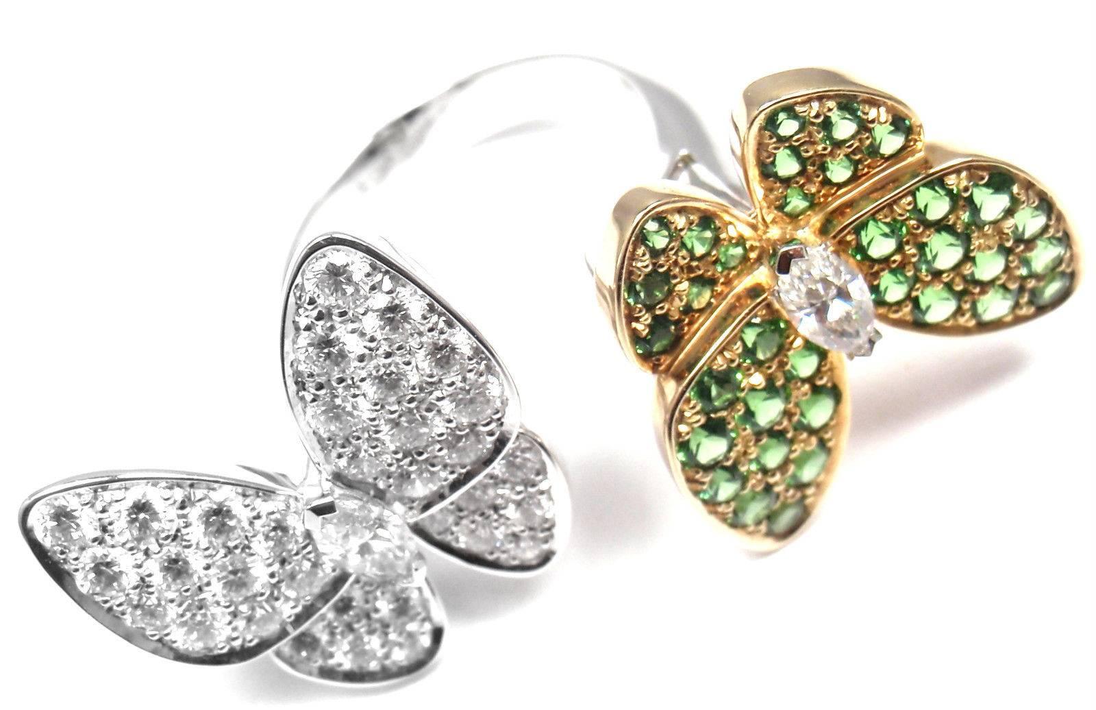 Van Cleef & Arpels Two Butterfly Diamond Tsavorite Between Finger Gold Ring In New Condition In Southampton, PA