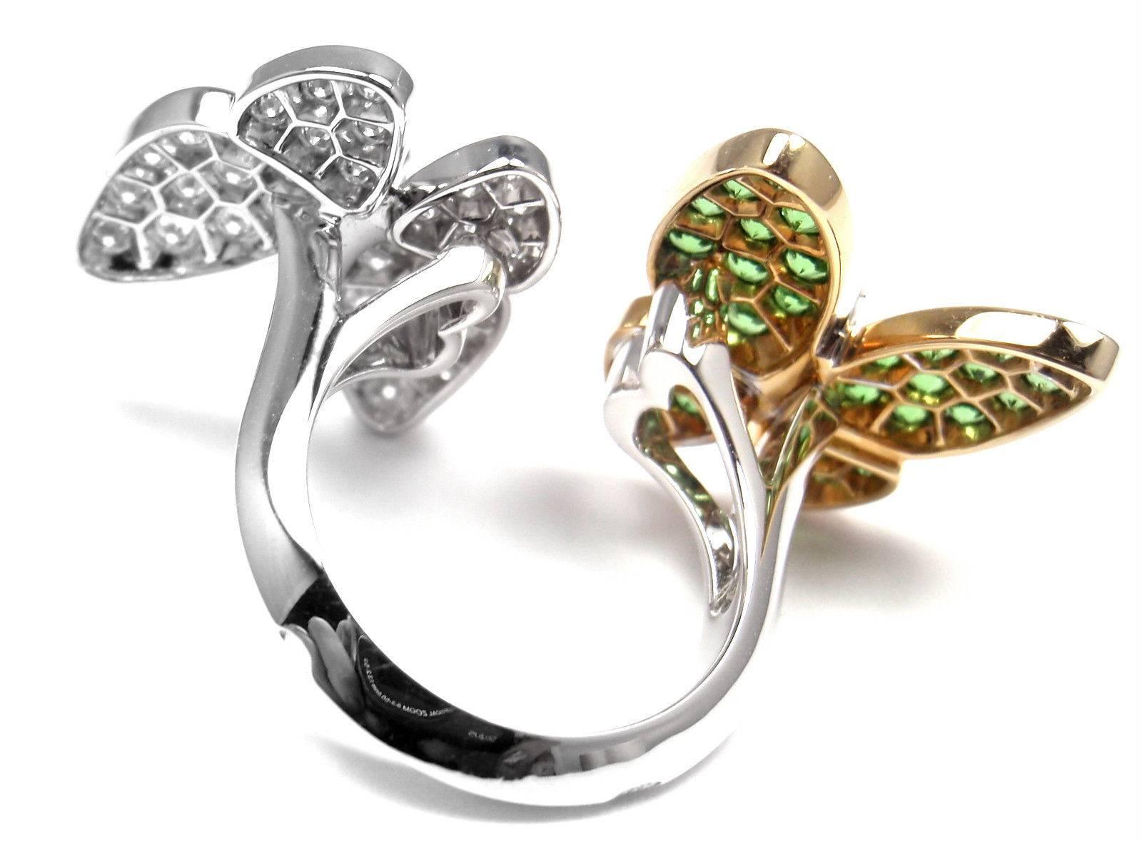 Women's or Men's Van Cleef & Arpels Two Butterfly Diamond Tsavorite Between Finger Gold Ring