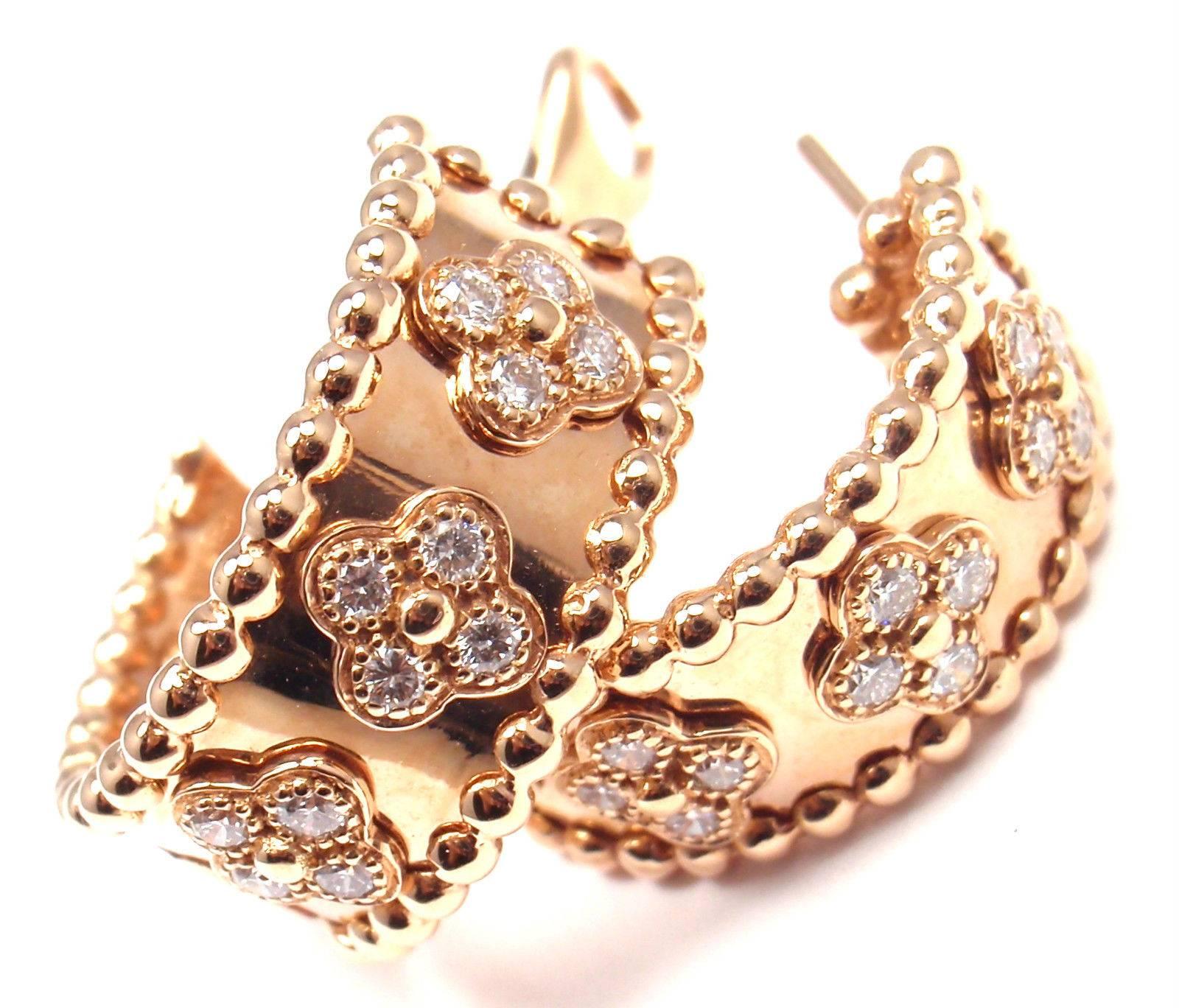 Women's or Men's Van Cleef & Arpels Perlee Clovers Diamond Rose Gold Hoop Earrings
