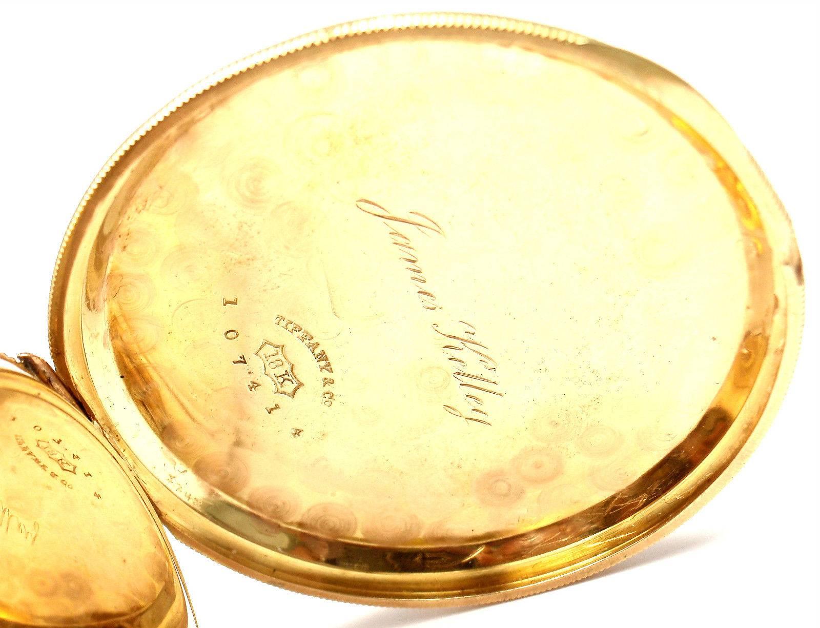 Tiffany & Co. Yellow Gold Triple Signed Hunter Case Pocket Watch In Excellent Condition In Holland, PA