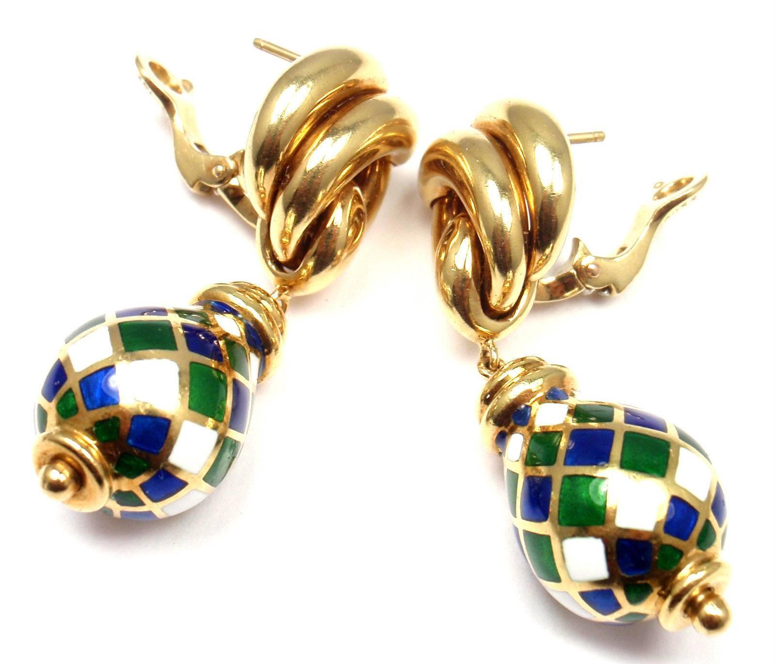18k Yellow Gold Vintage Harlequin Enamel Drop Earrings by Mauboussin. 
****These earrings are for pierced ears.
Details:
Measurements: 44mm x 16mm
Weight: 38.5 grams
Stamped Hallmarks: Mauboussin Paris 18k French Hallmarks
*Free Shipping within the