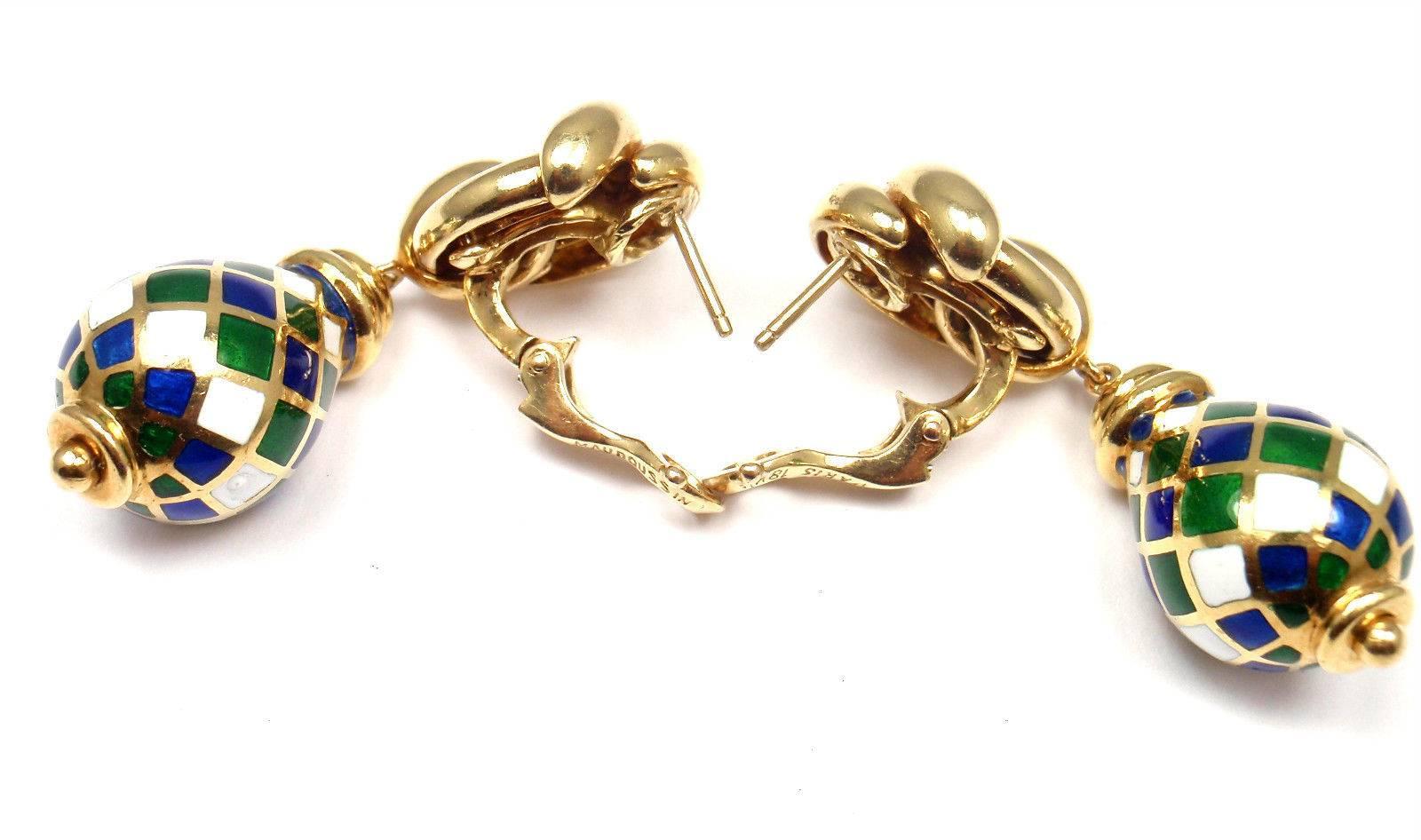Vintage Mauboussin Harlequin Enamel Drop Yellow Gold Earrings In New Condition In Holland, PA