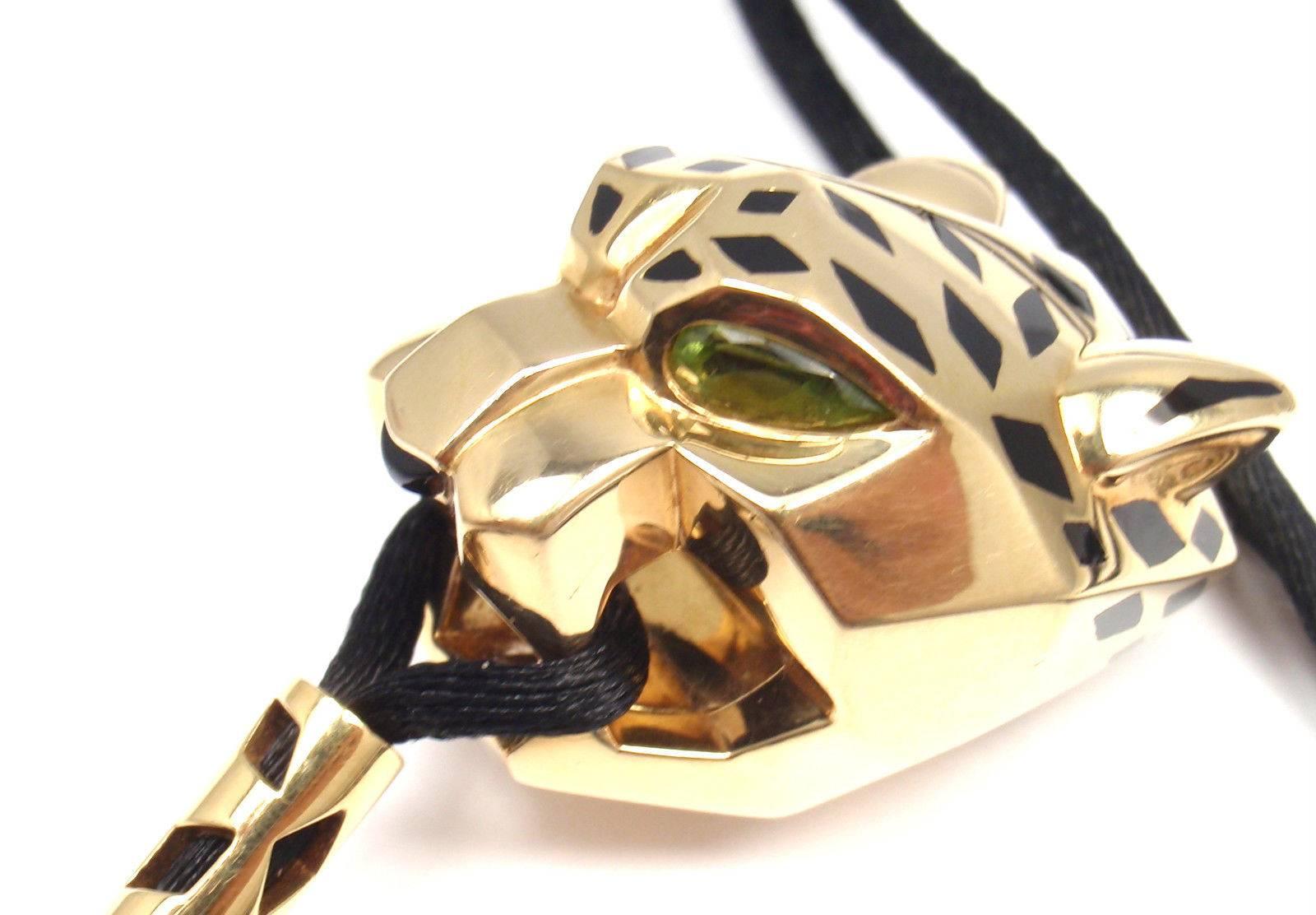 Cartier Panther Panthere Peridot Lacquer Yellow Gold Pendant  Long Cord Necklace In New Condition For Sale In Holland, PA