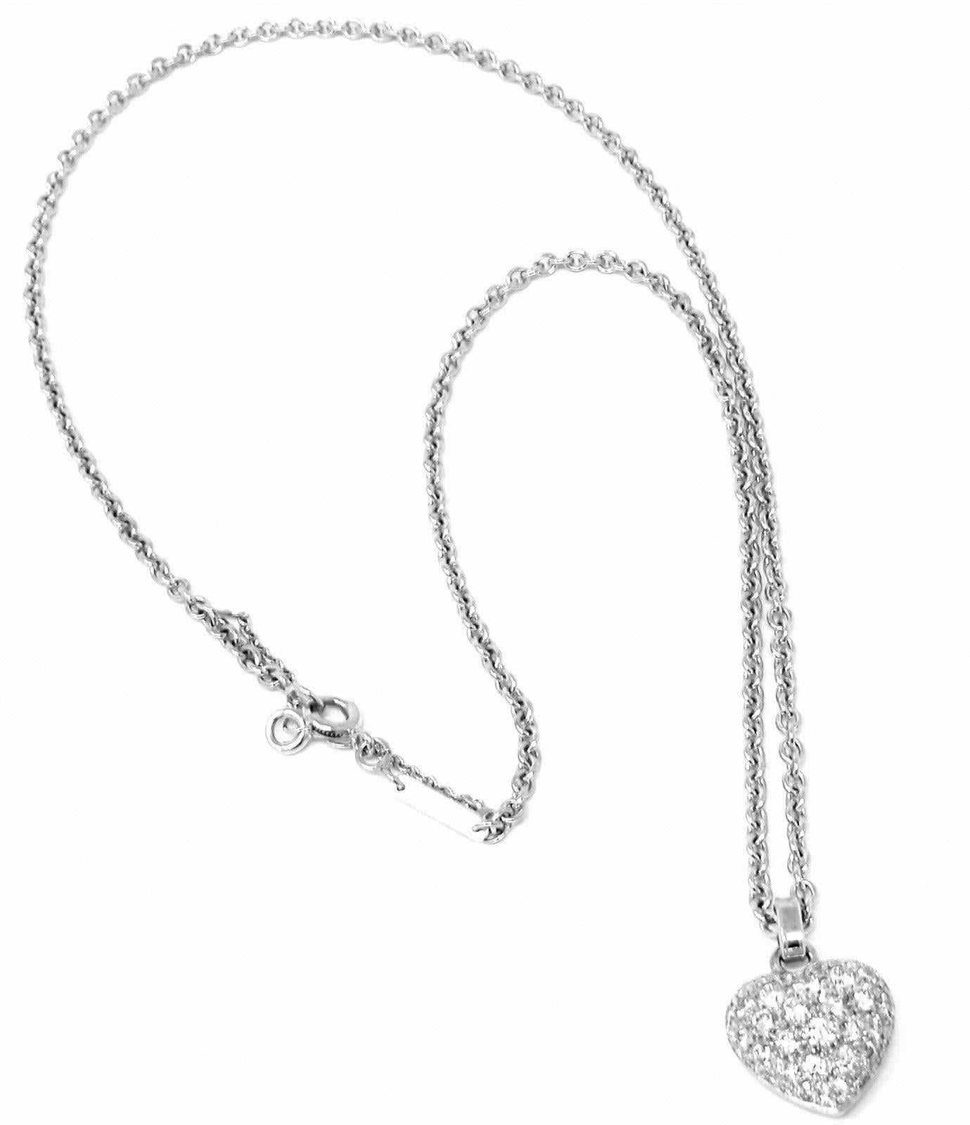 18k White Gold Diamond Pave Heart Pendant Necklace by Cartier.
With Round brilliant cut diamonds total weight approx 1.30ct. 
Diamonds VVS1 clarity, E color
This necklace is in mint condition and comes with original Cartier box.
Details:
Pendant: