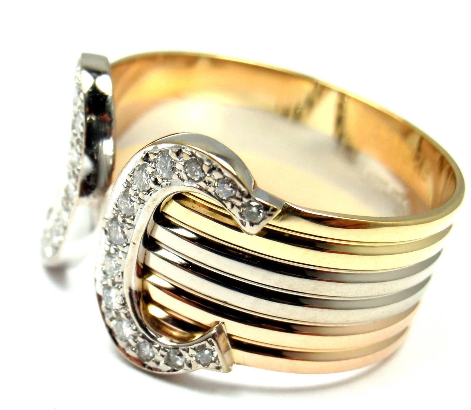 Women's or Men's Cartier Double C Diamond Tricolor Gold Band Ring