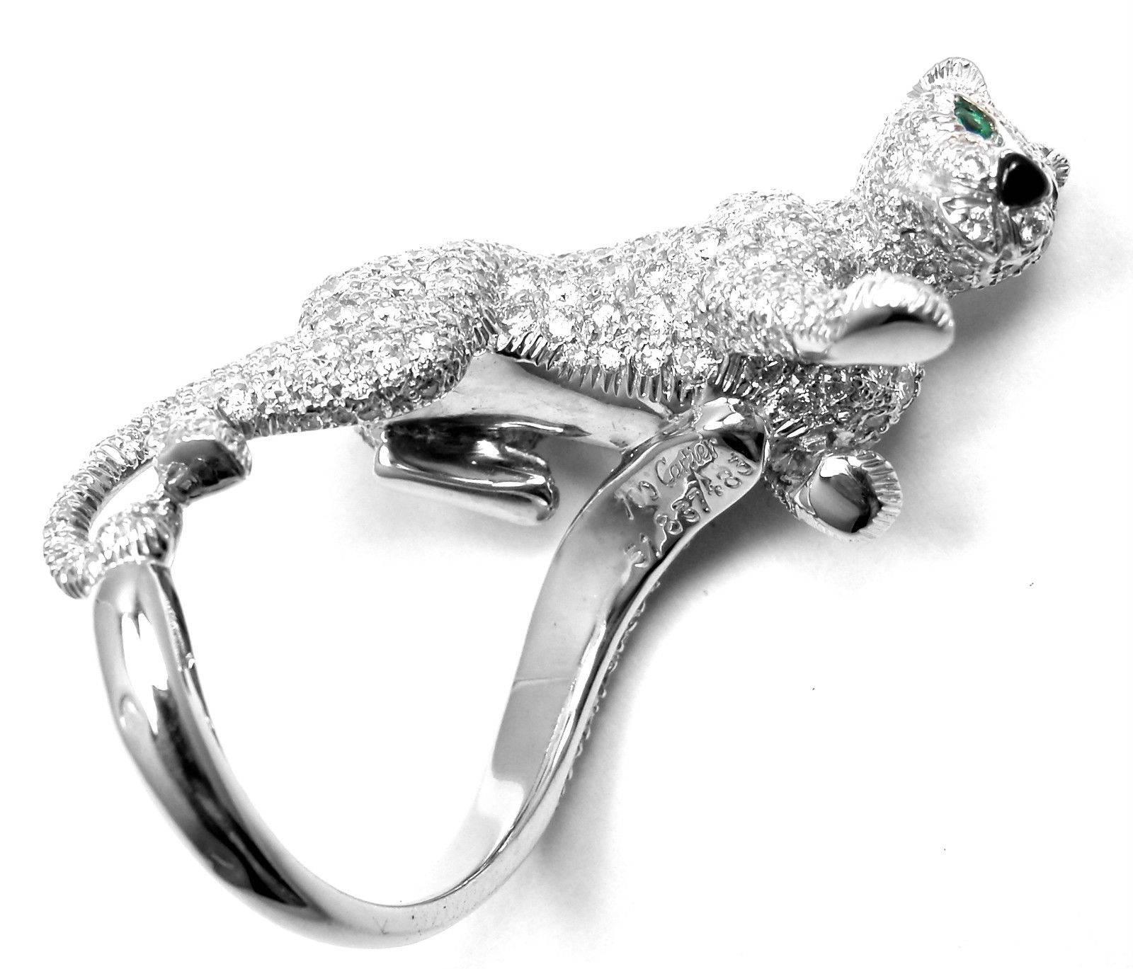 Women's or Men's Cartier Panther Panthere Pave Diamond Emerald Onyx White Gold Ring