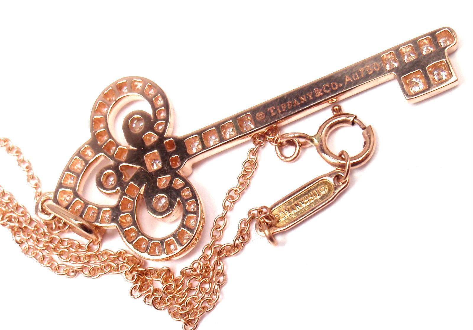 Women's or Men's Tiffany & Co. Fleur-de-Lis Key Diamond Rose Gold Pendant Necklace