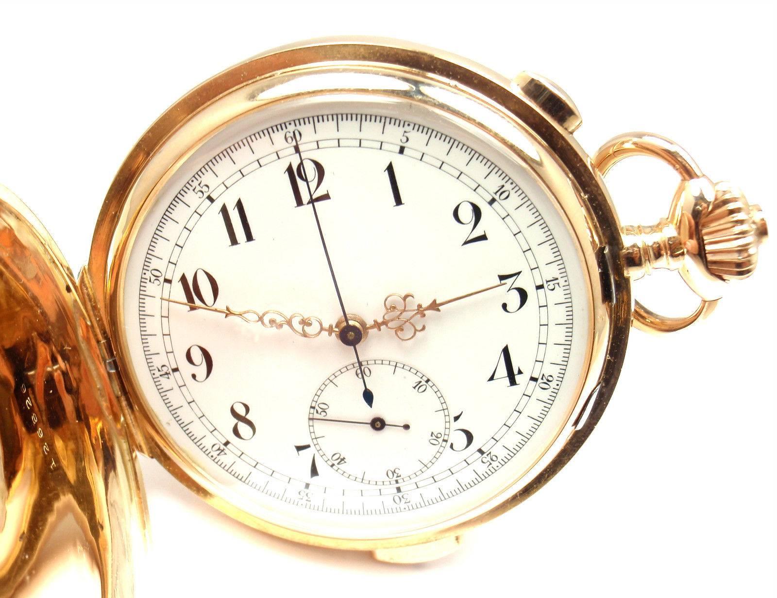 18k rose gold hunting cased quarter repeater large vintage pocket watch. 
This watch is great condition and works great, fully functional. 
Case Size: 57mm
Weight: 109.1 grams
Movement: Quarter repeater
Stamped: 18k 126826 Repetition
