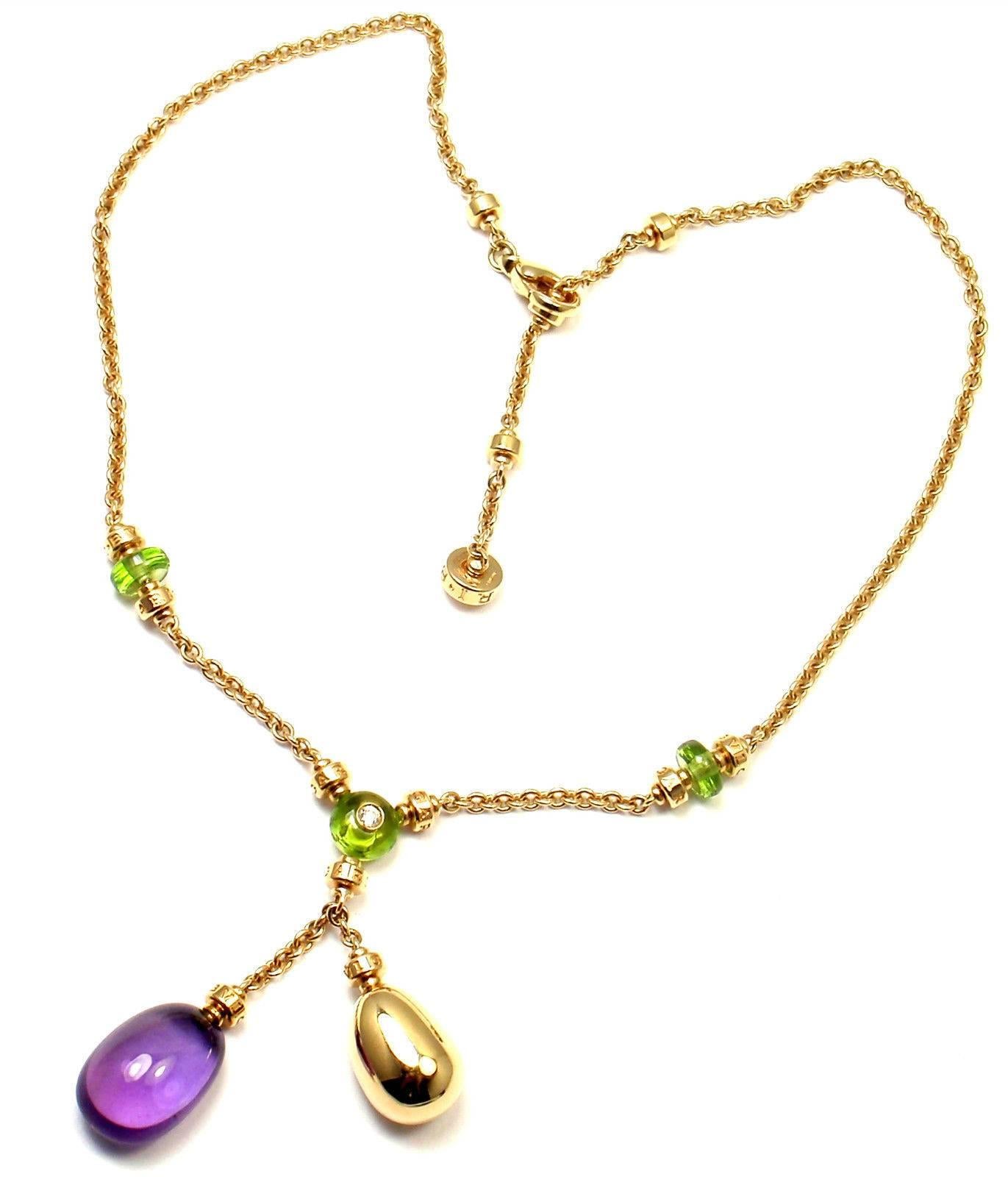 18k Yellow Gold Sassi Mediterranean Diamond Peridot Amethyst Necklace by Bulgari.  
With 3 peridots 1 large amethyst
1 round brilliant cut diamond VS1 clarity, G color total weight approx. .05ct
Retail Price: $13,000 plus tax.
Details:  
Length: