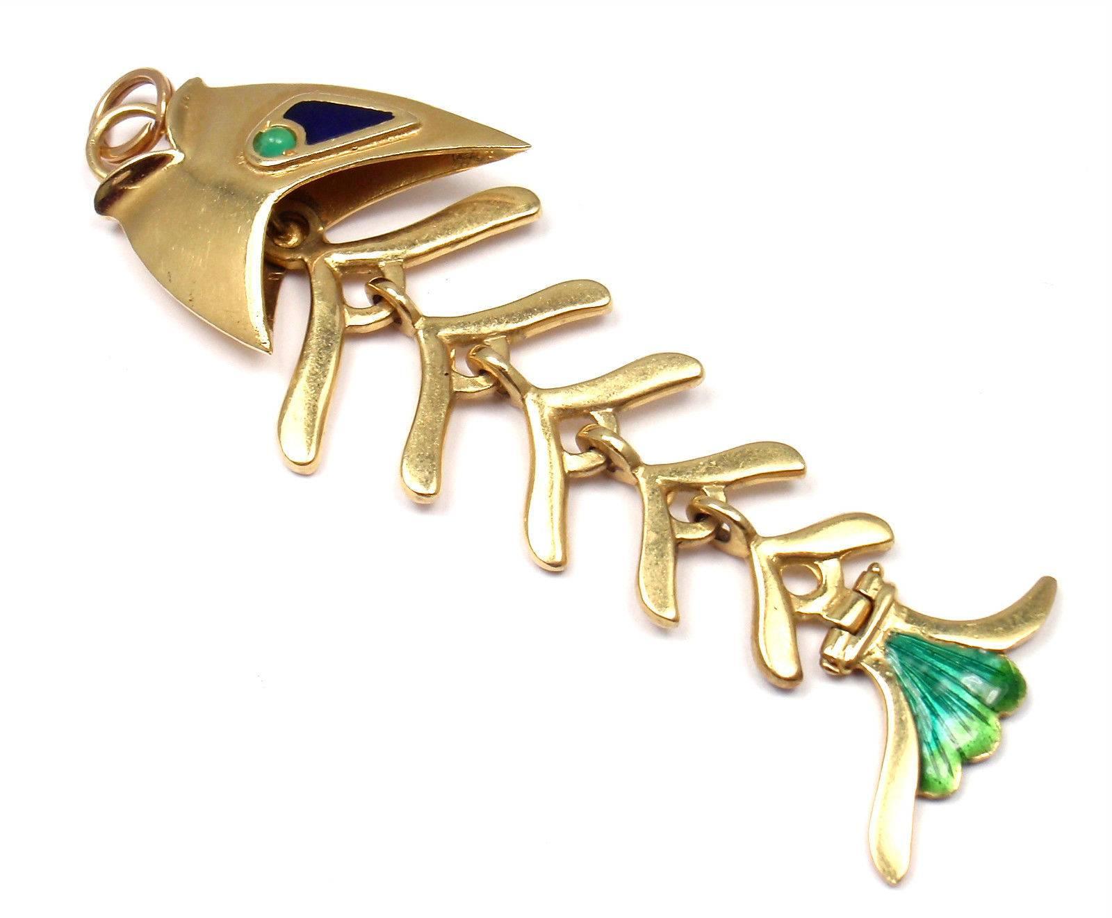 18k Yellow Gold Enamel Emerald Large Fish Animated Pendant from Estate of Jackie Collins.
With 2 cabochon emeralds in the eyes
Details: 
Weight: 20.4 grams
Measurements: 3