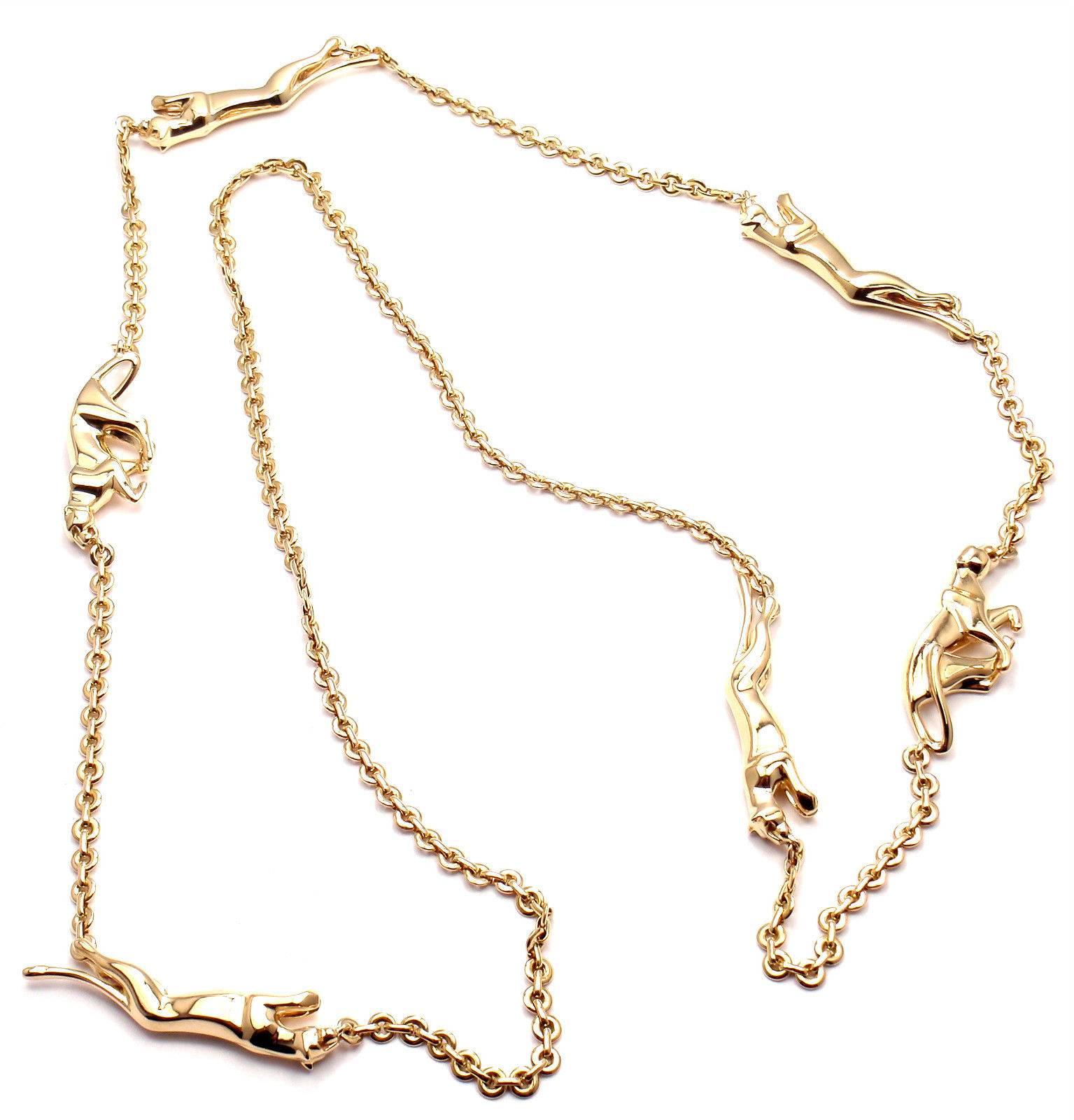 18k Yellow Gold 6 Panther Panthere Link Chain Necklace by Cartier. 
With 6 Panthers: 2 Panthers approx.38mm x 14mm each and 4 panthers 47mm x 10mm each
This necklace comes with original Cartier box and service paper from Cartier