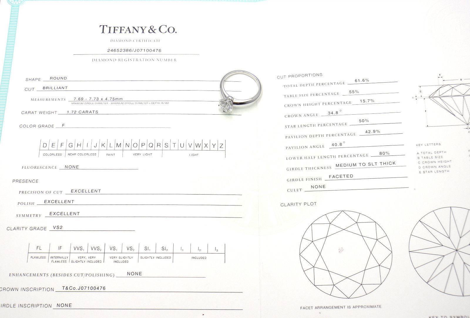Tiffany & Co 1.72 Carat Diamond VS2 F Color Platinum Engagement Ring 4