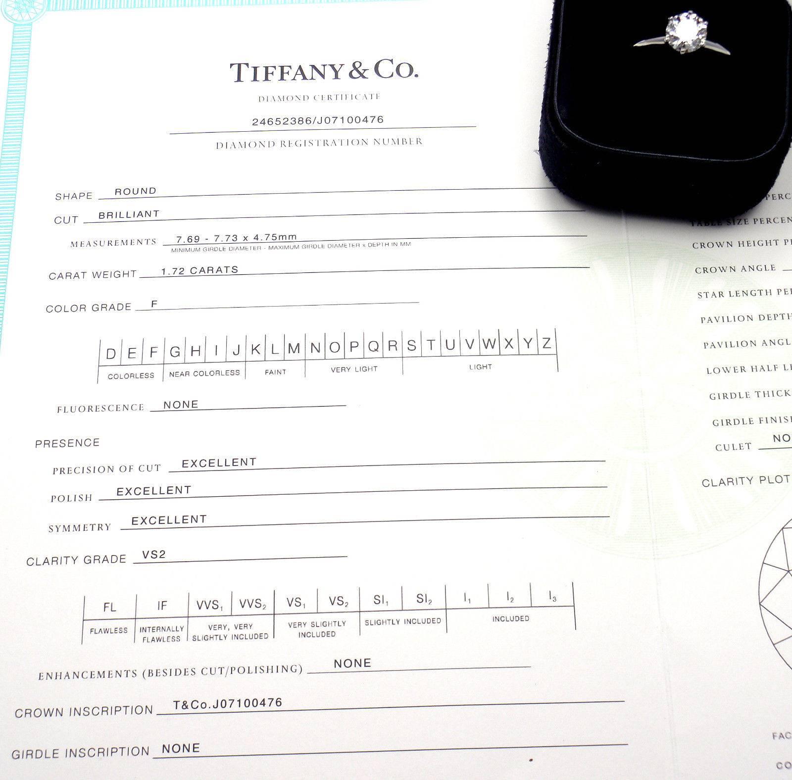 Tiffany & Co 1.72 Carat Diamond VS2 F Color Platinum Engagement Ring 5
