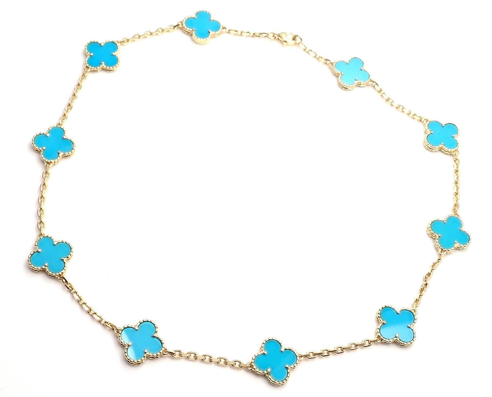 18k Yellow Gold Alhambra 10 Motifs Turquoise Necklace by Van Cleef & Arpels. 
This necklace comes with VCA box.
With 10 motifs of turquoise alhambra stones 15mm each
Details: 
Length: 16.5