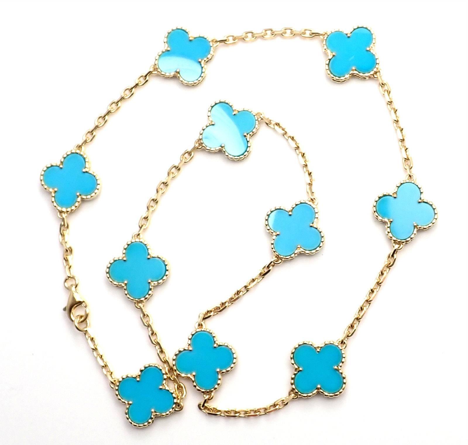 Van Cleef & Arpels Vintage Alhambra Ten Motifs Turquoise Yellow Gold Necklace In New Condition In Holland, PA