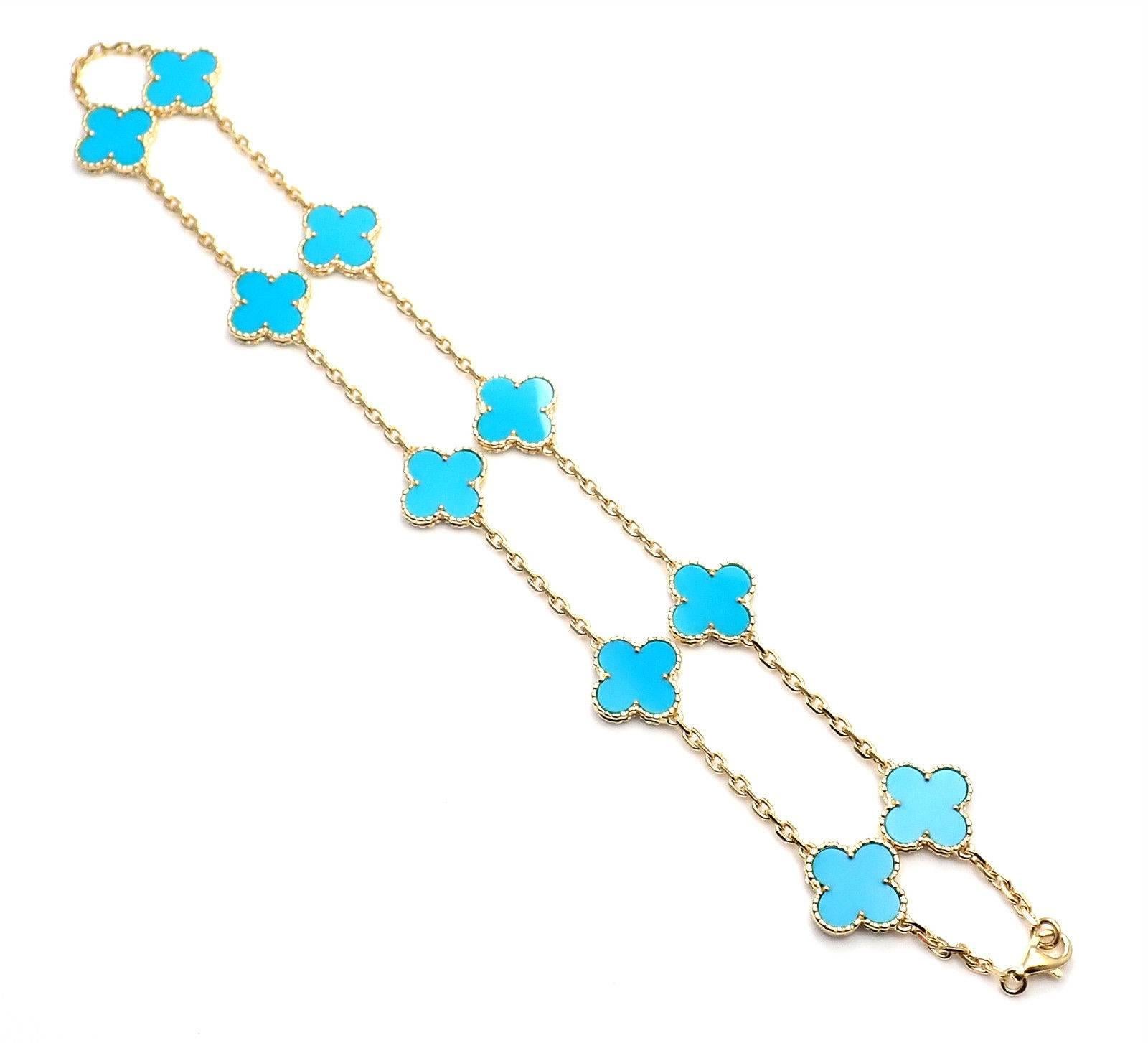 Women's or Men's Van Cleef & Arpels Vintage Alhambra Ten Motifs Turquoise Yellow Gold Necklace