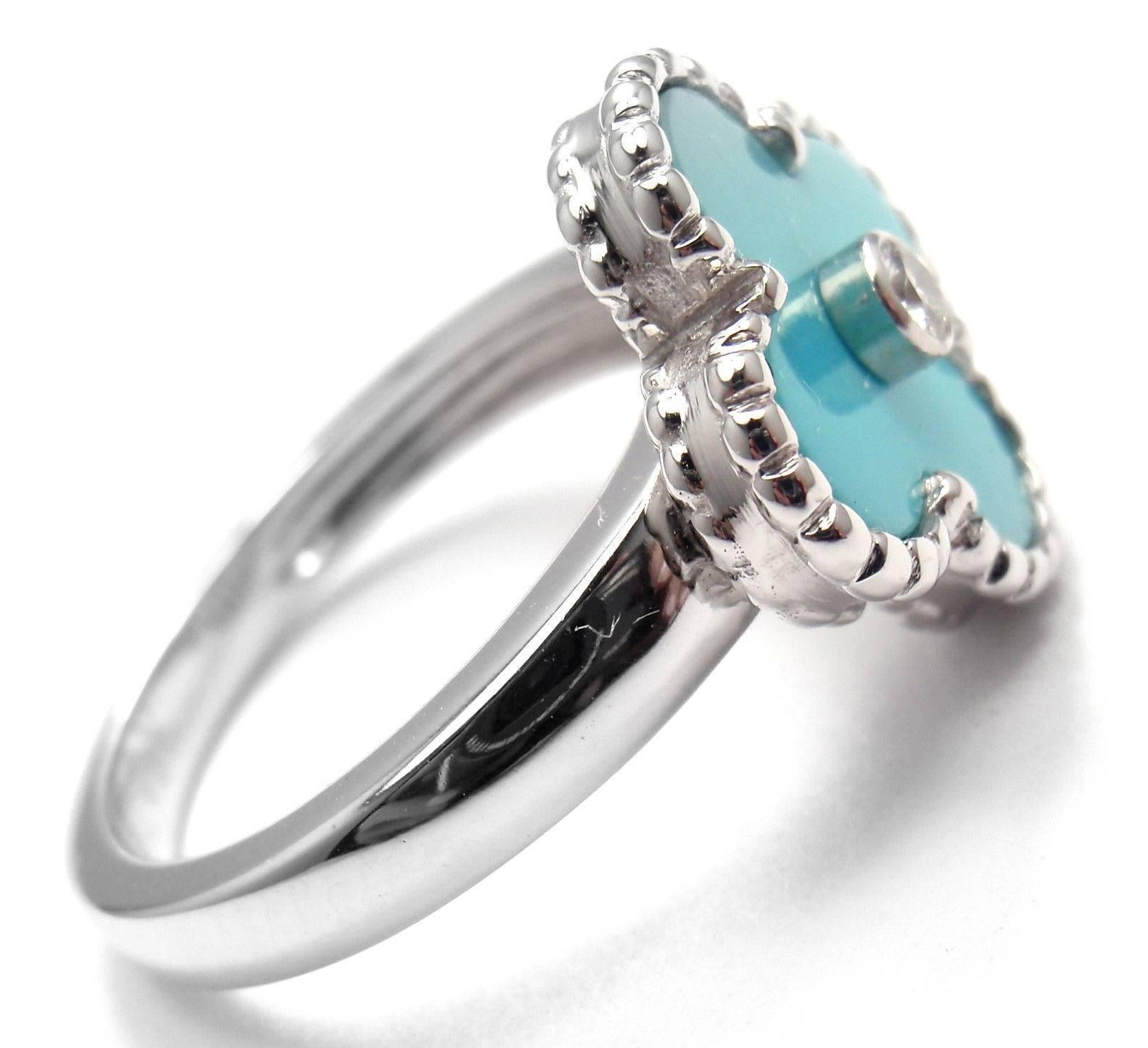 Van Cleef & Arpels Vintage Alhambra 18k White Gold Diamond Turquoise Ring.
With 1 Round brilliant cut diamond .06ct F/VS1
Alhambra cut turquoise.
Details:
Size - European 55, US 7.25
Width: 15mm
Weight: 7.5 grams
Stamped Hallmarks: VCA 750 55