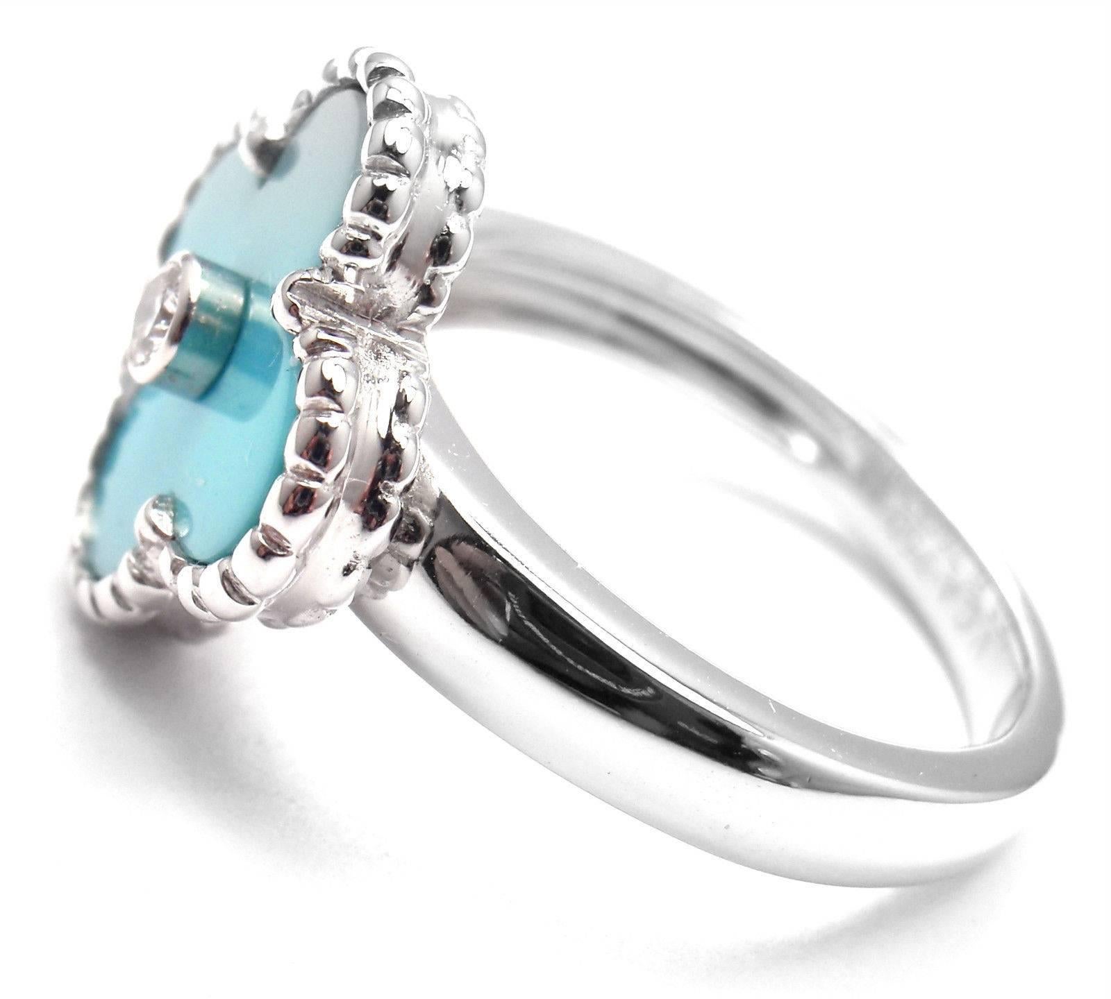 Women's or Men's Van Cleef & Arpels Vintage Alhambra Diamond Turquoise White Gold Ring