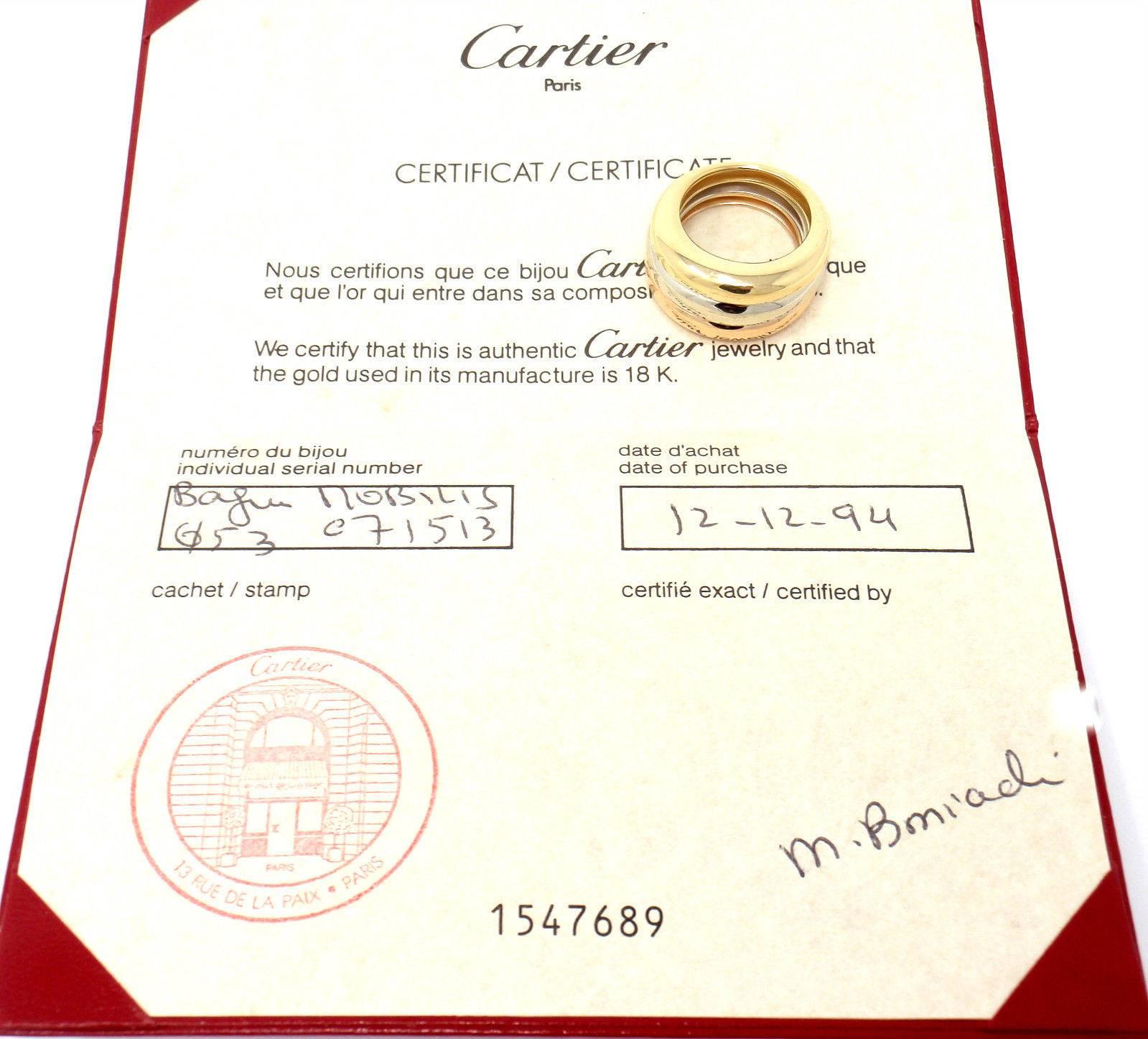 18k Tri-Color Gold Wide Stacking Band Ring by Cartier.
This ring comes with Cartier certificate.
Details:
Size: European 53, US 6 1/4
Weight: 18.5 grams
Width: 13mm; 5mm each band
Stamped Hallmarks: Cartier 750 53 1994 C71513
*Free Shipping within