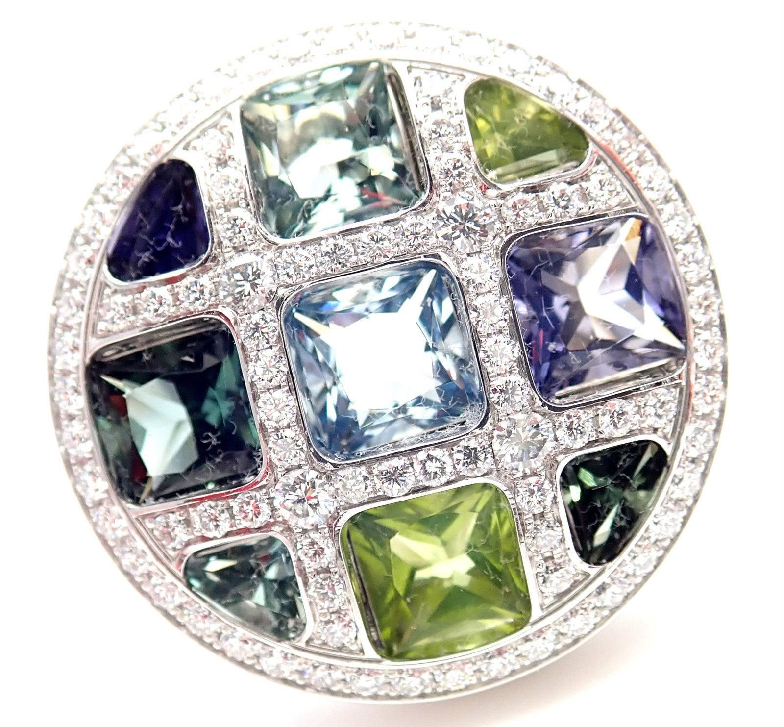 18k White Gold Diamond And Color Stone Large Pasha Ring by Cartier. 
With 89 Round brilliant cut diamonds VVS1 clarity, E color total weight approx.1.50ct
Peridot, Amethyst, Aquamarine, Green Tourmaline, Violet Cordierite
This ring is in mint