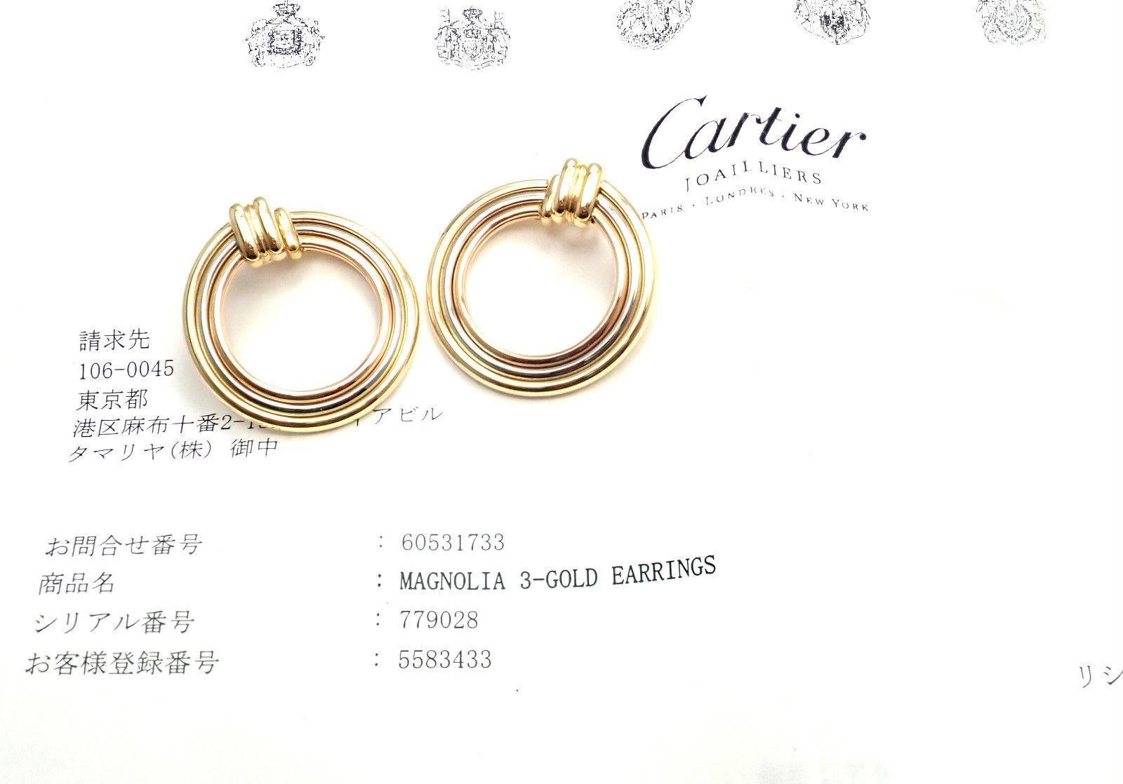 18k Tri-Colored Gold (Yellow, White, Rose) Cartier Magnolia Earrings by Cartier. 
These earrings come with an original Cartier box and a service paper from Cartier store in Japan.
These earrings are for pierced ears. 
Details: 
Weight: 15.5