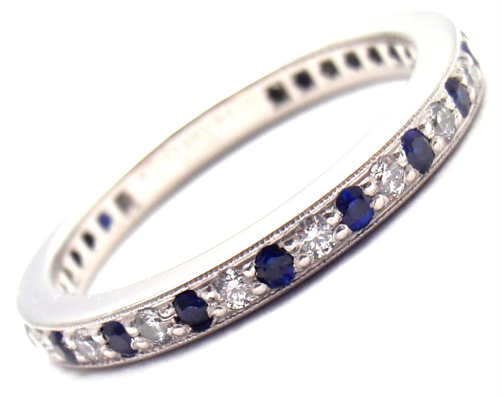 Platinum Diamond And Sapphire Legacy Band Ring by Tiffany & Co.
With Round brilliant cut diamonds VS1 clarity, G color total weight approx. .20ct
Round sapphires .26ct
Measurements: 
Ring Size: 5 1/2
Weight: 3.7 grams
Band Width: 2mm
Stamped