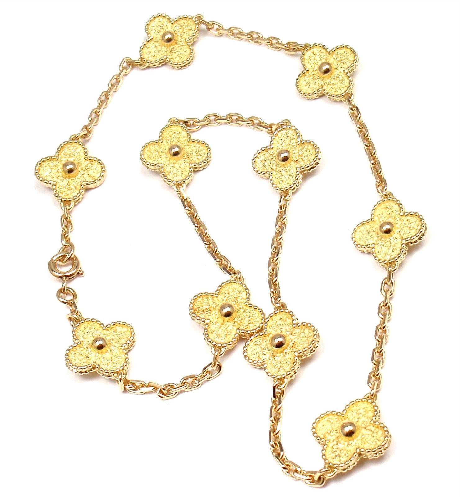 18k Yellow Gold Vintage Alhambra 10 Motif Necklace by Van Cleef & Arpels.
With 10 gold alhambra motifs 14mm each
Details:
Length: 16