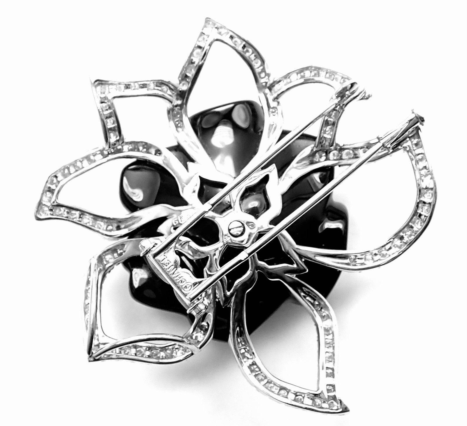 Chanel Camelia Camellia Flower Diamond Onyx White Gold Pin Brooch 3