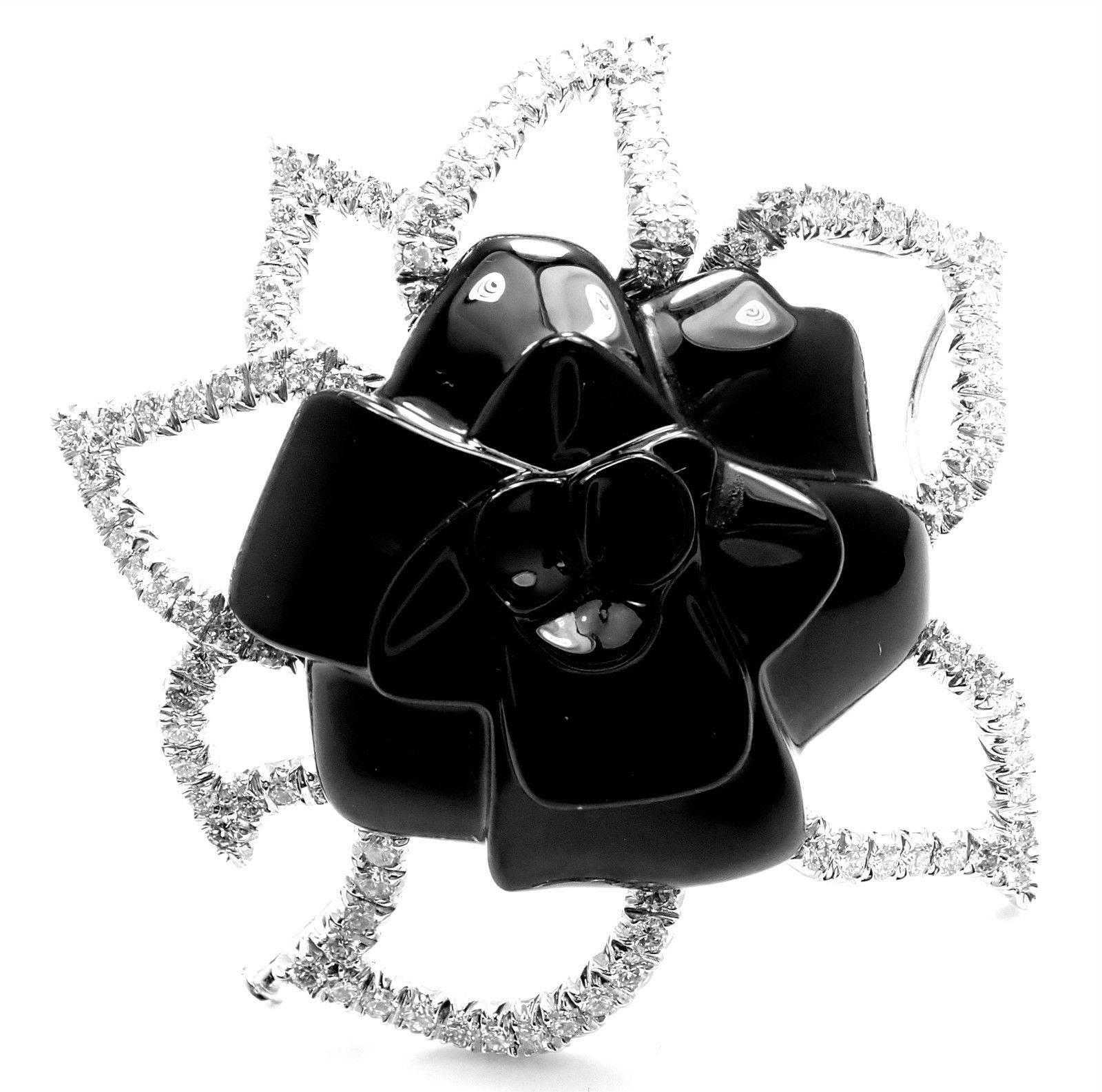 Chanel Camelia Camellia Flower Diamond Onyx White Gold Pin Brooch 2
