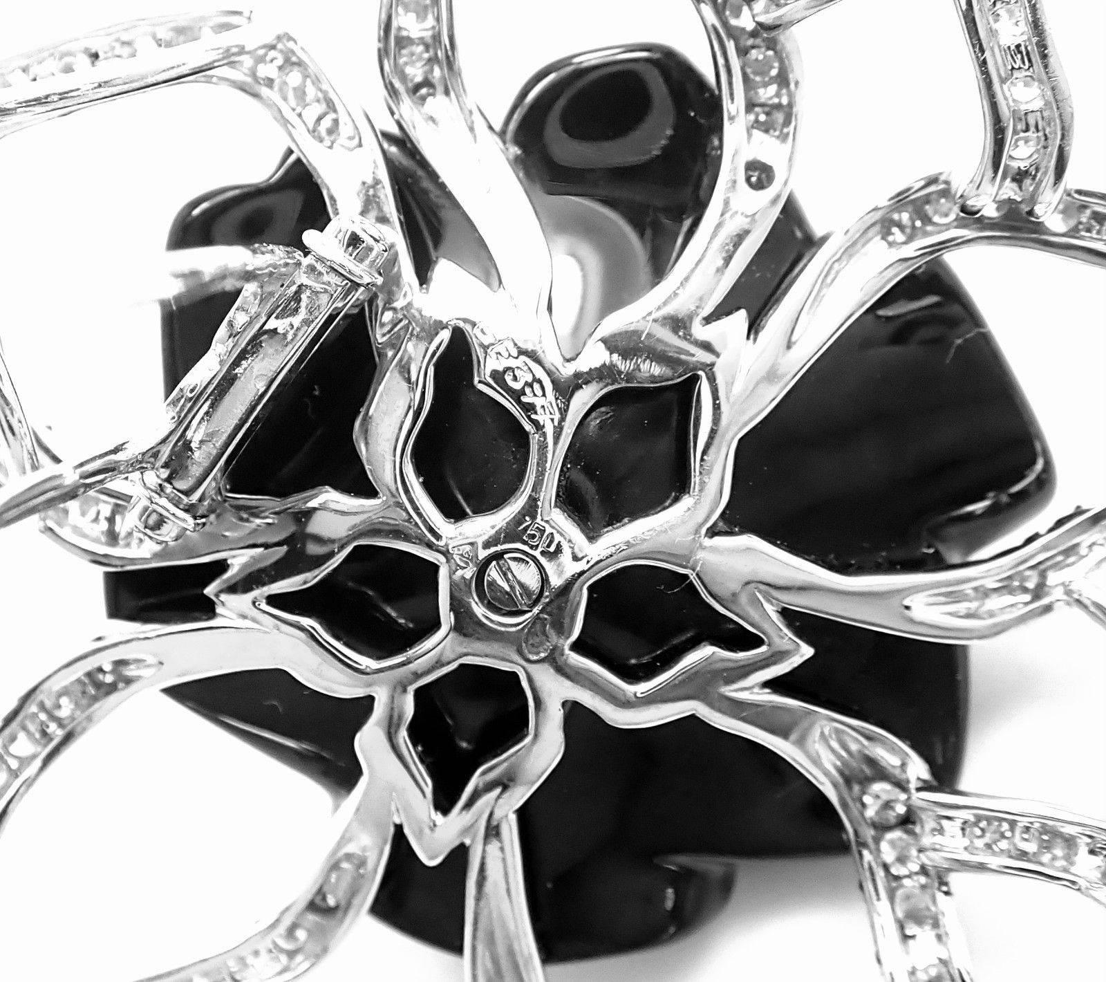 Women's or Men's Chanel Camelia Camellia Flower Diamond Onyx White Gold Pin Brooch