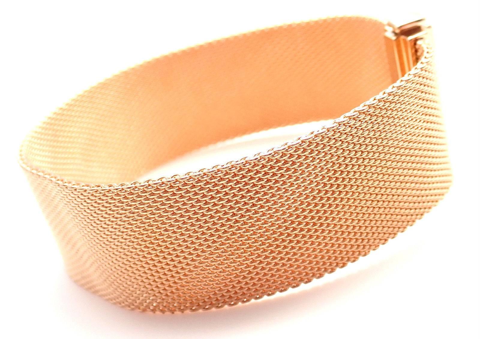 18k Rose Gold Diamond Somerset Wide Mesh Bracelet by Tiffany & Co. 
With 8 round brilliant cut diamonds VS1 clarity, 
G color 
Total weight approximately .21ct
Details: 
Length: 6.5