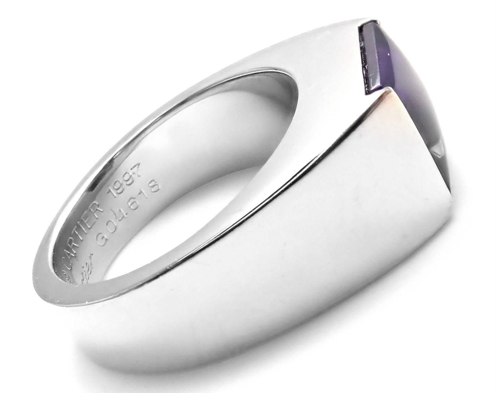 18k White Gold Amethyst Tank Band Ring by Cartier.  
With 1 x Amethyst, princess cut, approximately 1ct
Retail Price: $3,425 plus tax.
Details: 
Weight: 11.8 grams
Size - 4 3/4 US, Europe 49
Width  - 7mm 
Stamped Hallmarks: Cartier 750 49,1997