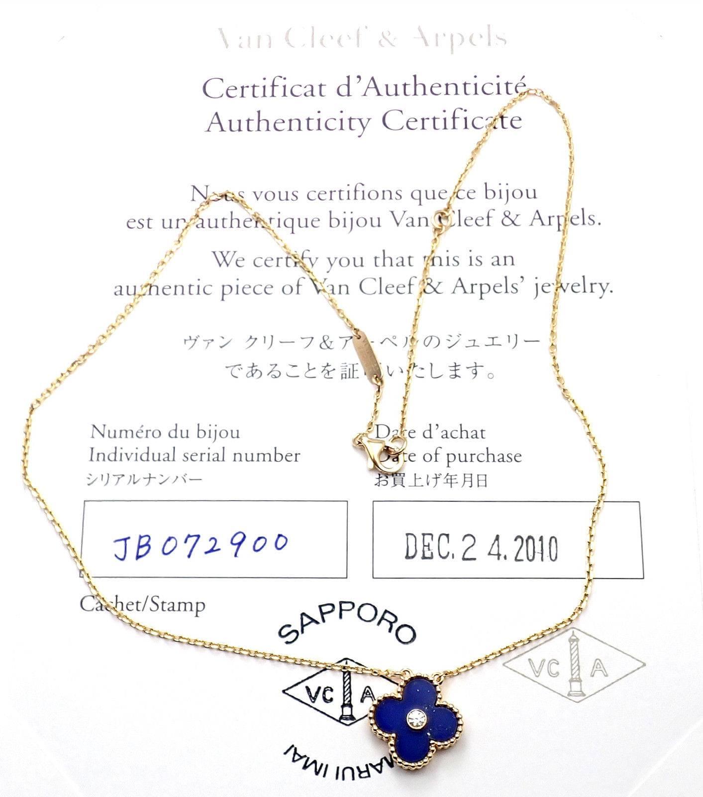 18k Yellow Gold Limited Edition Alhambra Diamond Lapis Necklace
With 1 lapis lazuli alhambra stone 15mm 
1 round brilliant cut diamond VVS1 clarity E color total weight .05ct
This necklace was created in limited by Van Cleef & Arpels to celebrate